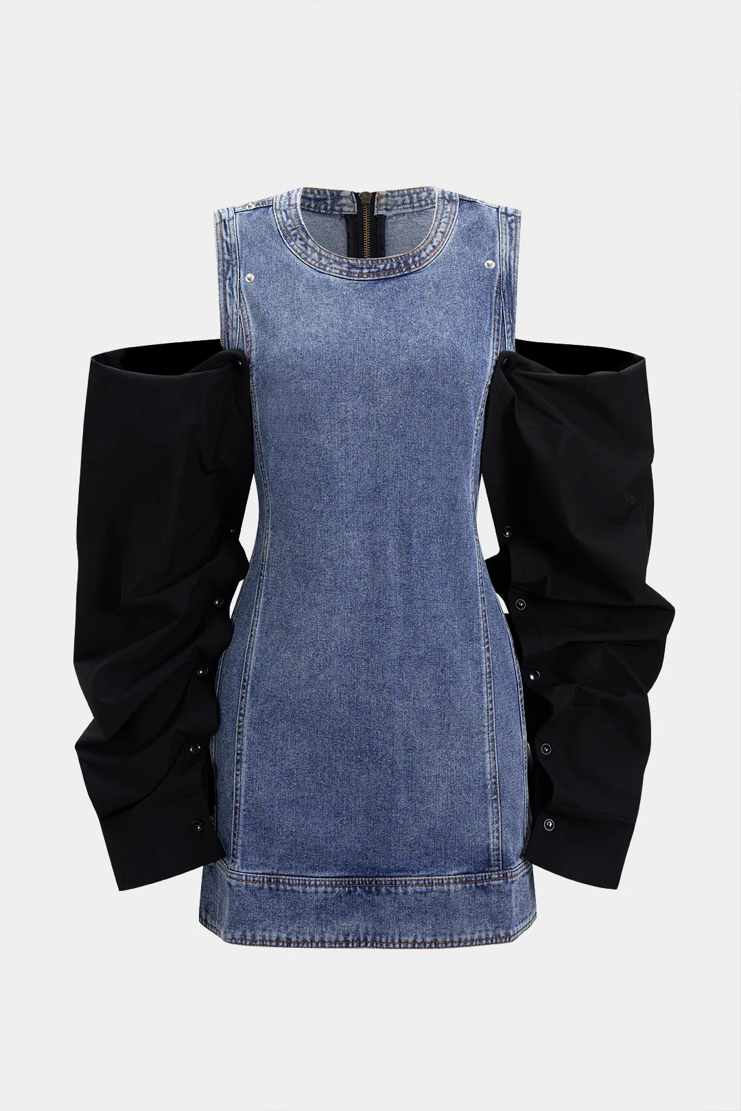 Denim Patchwork Round Neck Button Zipper Long-Sleeve Mini Dress - Weenar