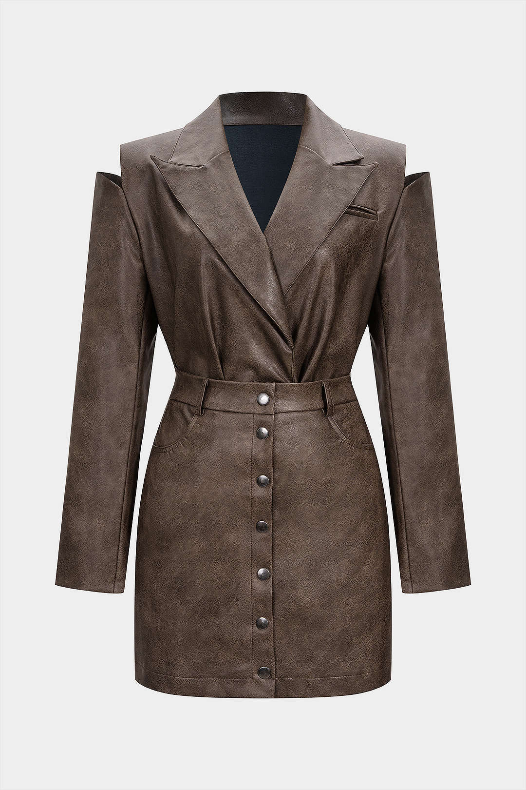 Faux Leather Cut Out Jacket And Mini Skirt Set - Weenar