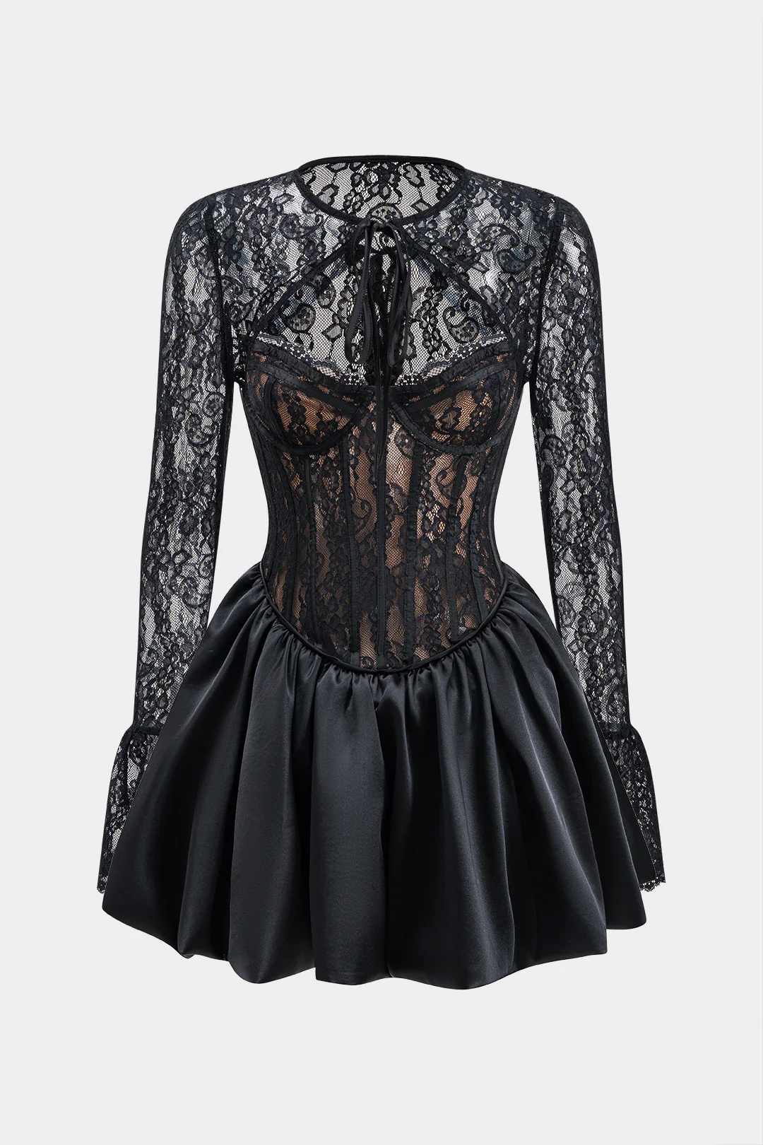 Satin Lace Tie Up puff Hem  Long Sleeve Mini Dress - Weenar
