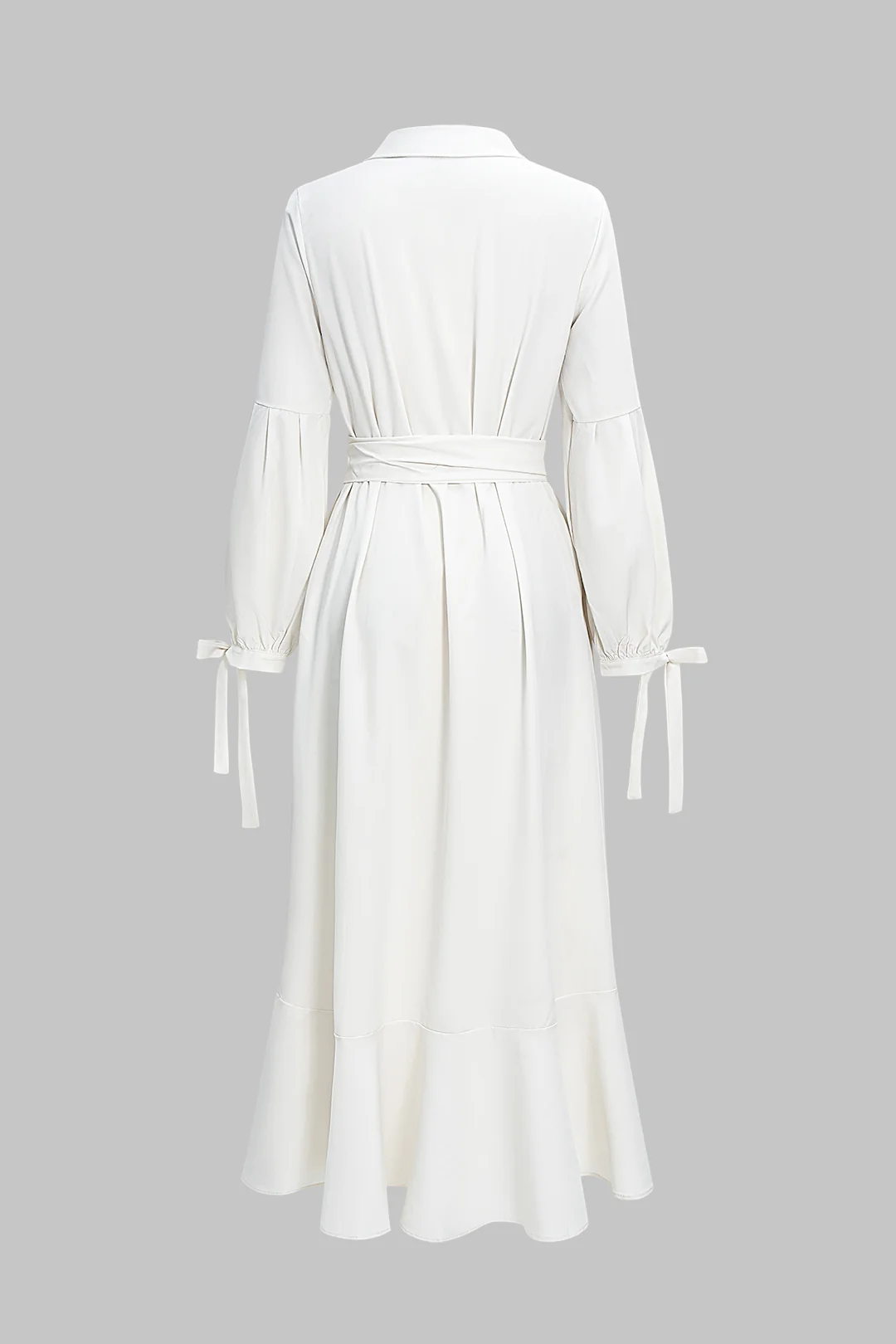 Solid V-Neck Belted Tie-Up Long Sleeve Maxi Dress - Weenar