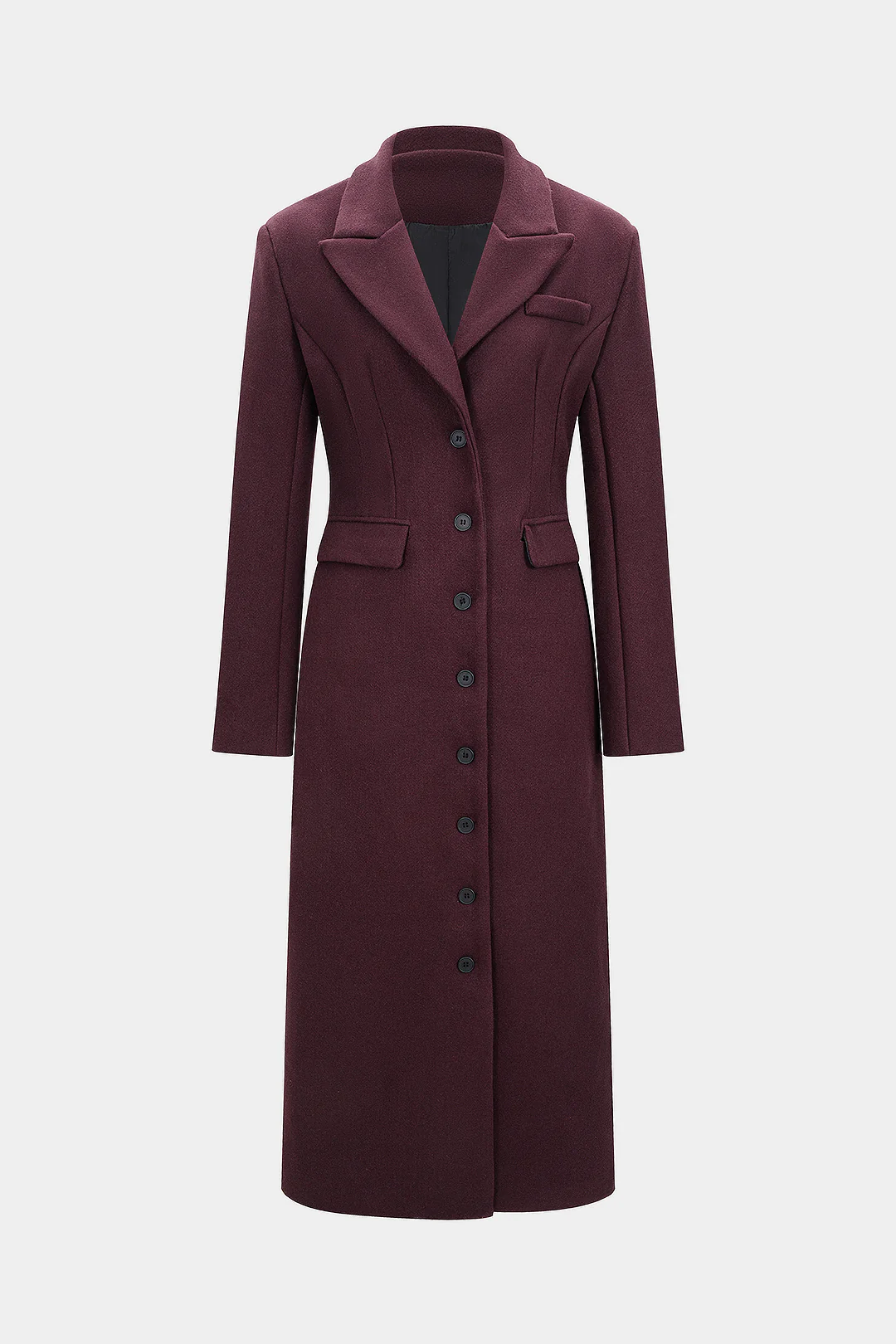 Notched Lapel Woolen Long Coat - Weenar