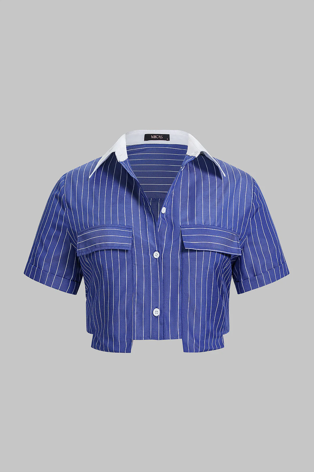Plus Size Striped Lapel Short Sleeves Cropped Shirt - Weenar