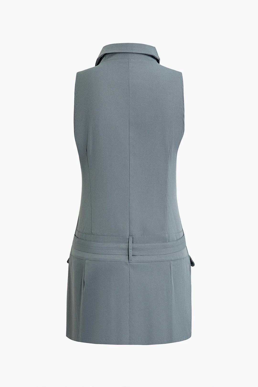 V-Neck Zipper Pocket Belted Sleeveless Mini Dress - Weenar