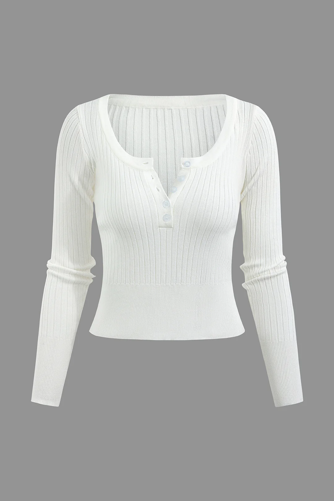 Knit V-Neck Ribbed Button Long-Sleeve Top - Weenar