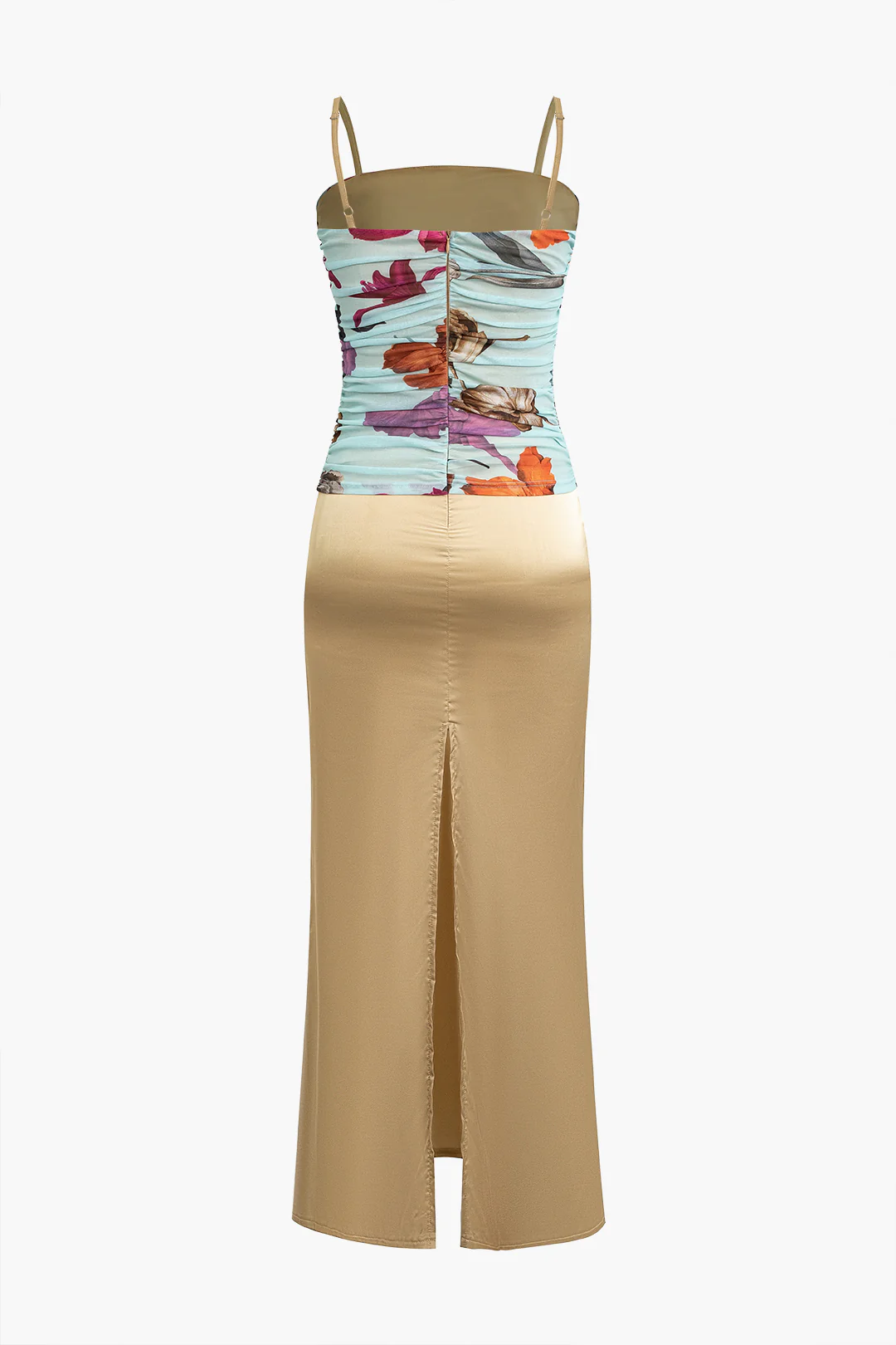 Satin Floral Print Ruched Patchwork Backless Slit Sleeveless Maxi Dress - Weenar