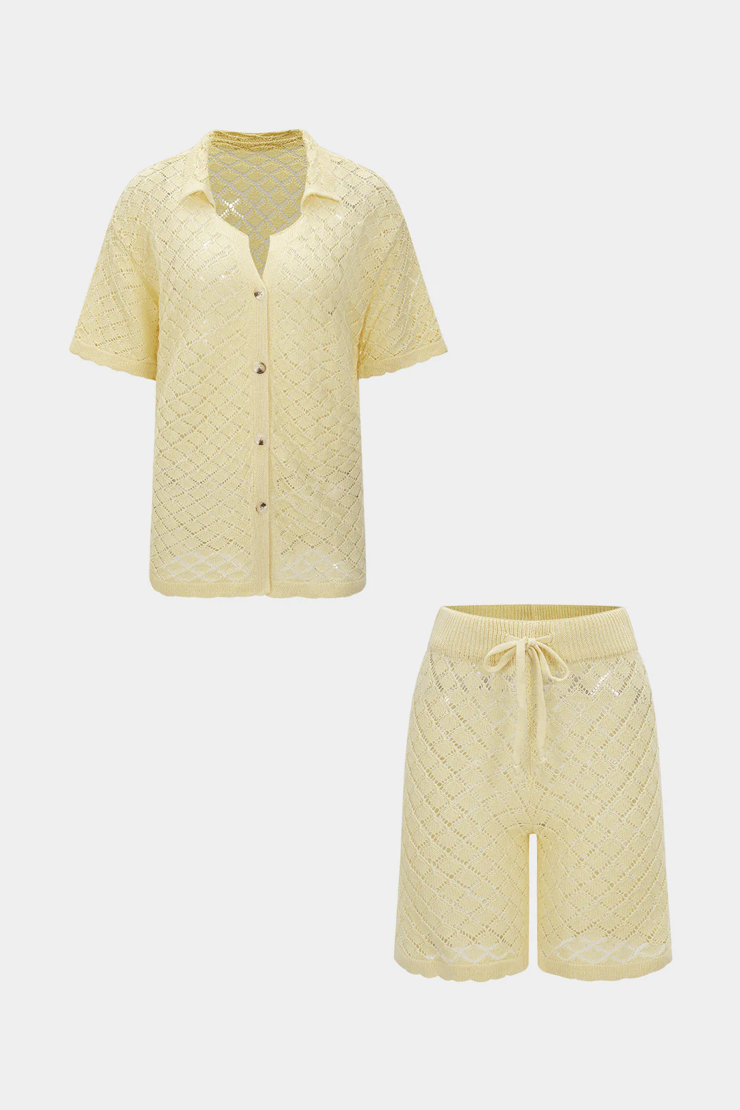 Knit Hollow Out Button Short-Sleeve And Drawstring Shorts Set - Weenar