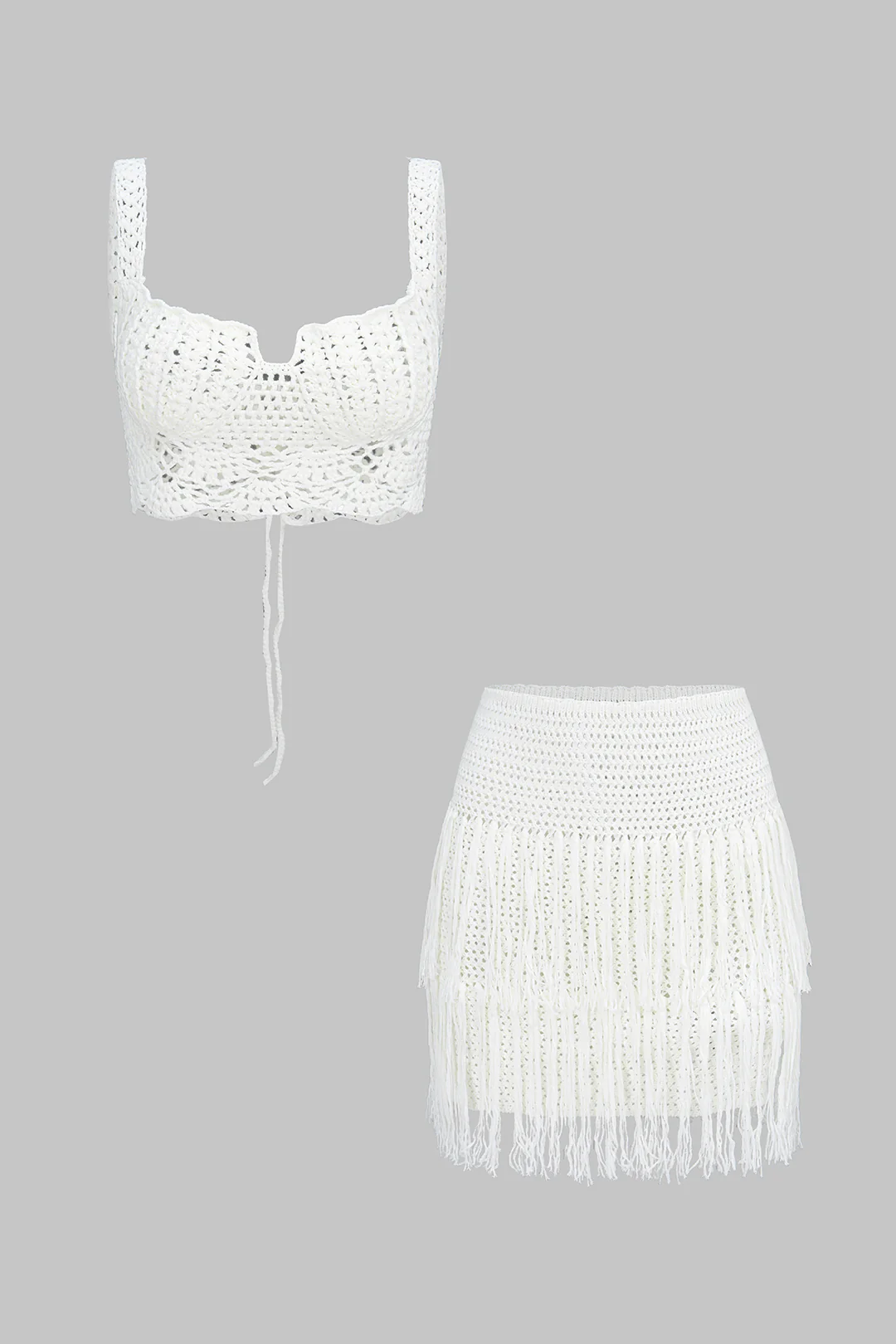 Knit Hollow Out Tie-Back Cami Top And Fringe Skirt Set - Weenar