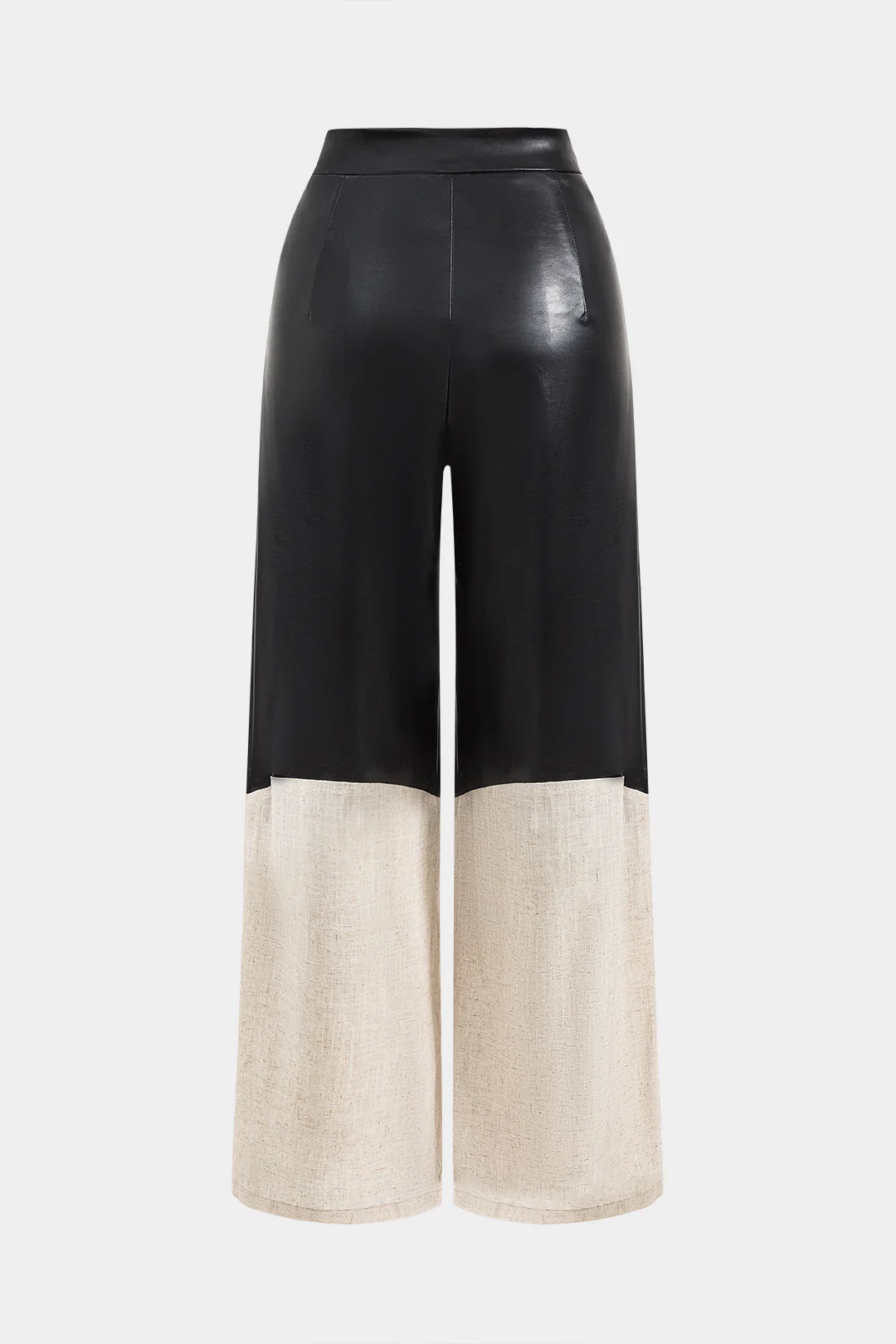 Faux Leather Linen High Waist Patchwork Trousers - Weenar