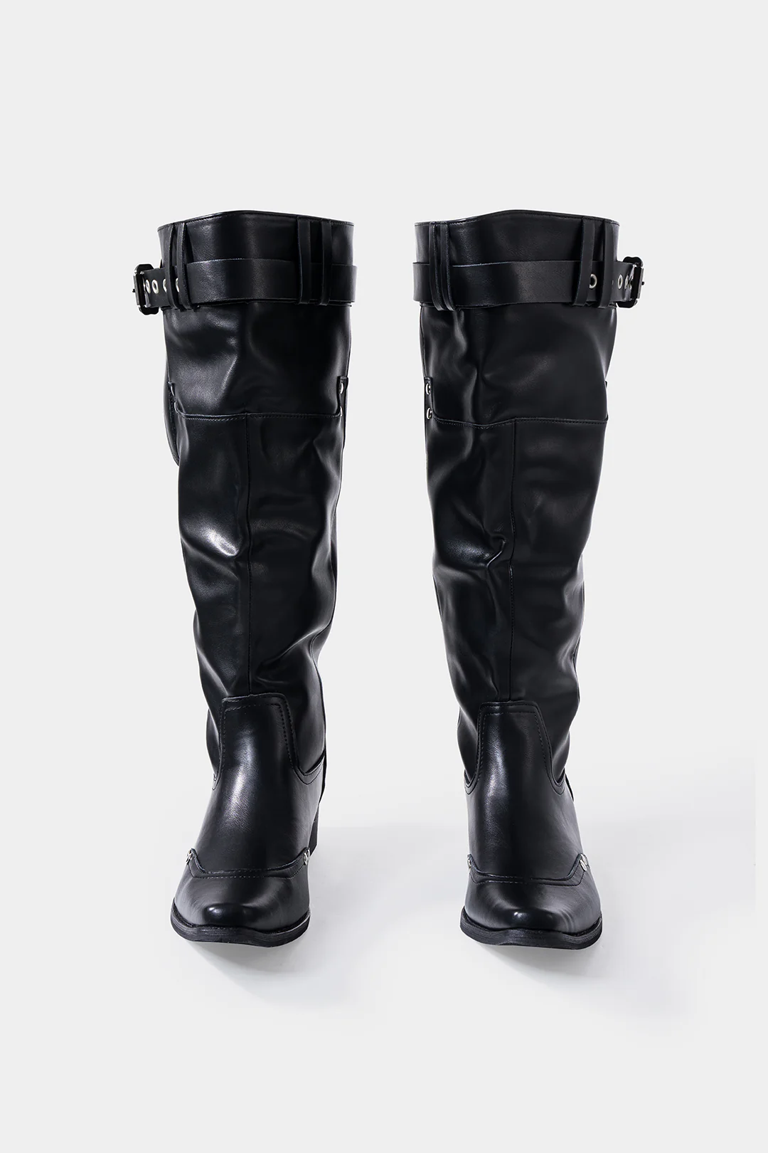Leather Ruched Buckle Knee High Boots - Weenar