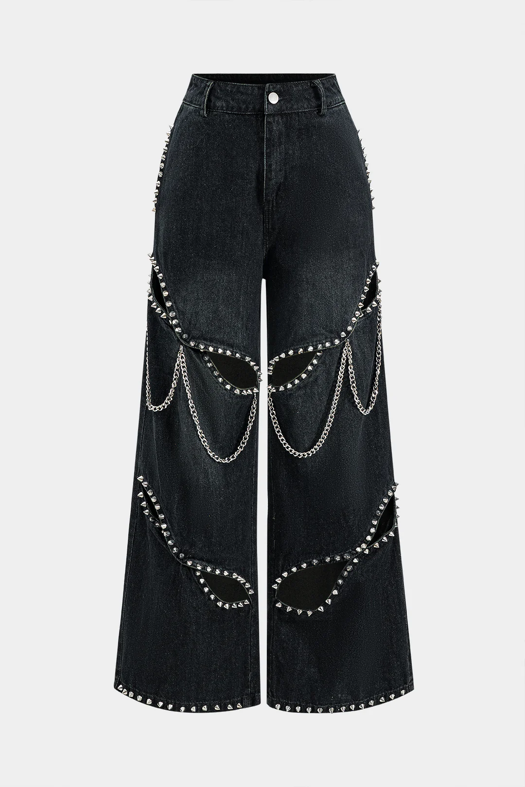 Denim Cut Out Chain Decor High Waist Wide Leg Pants - Weenar