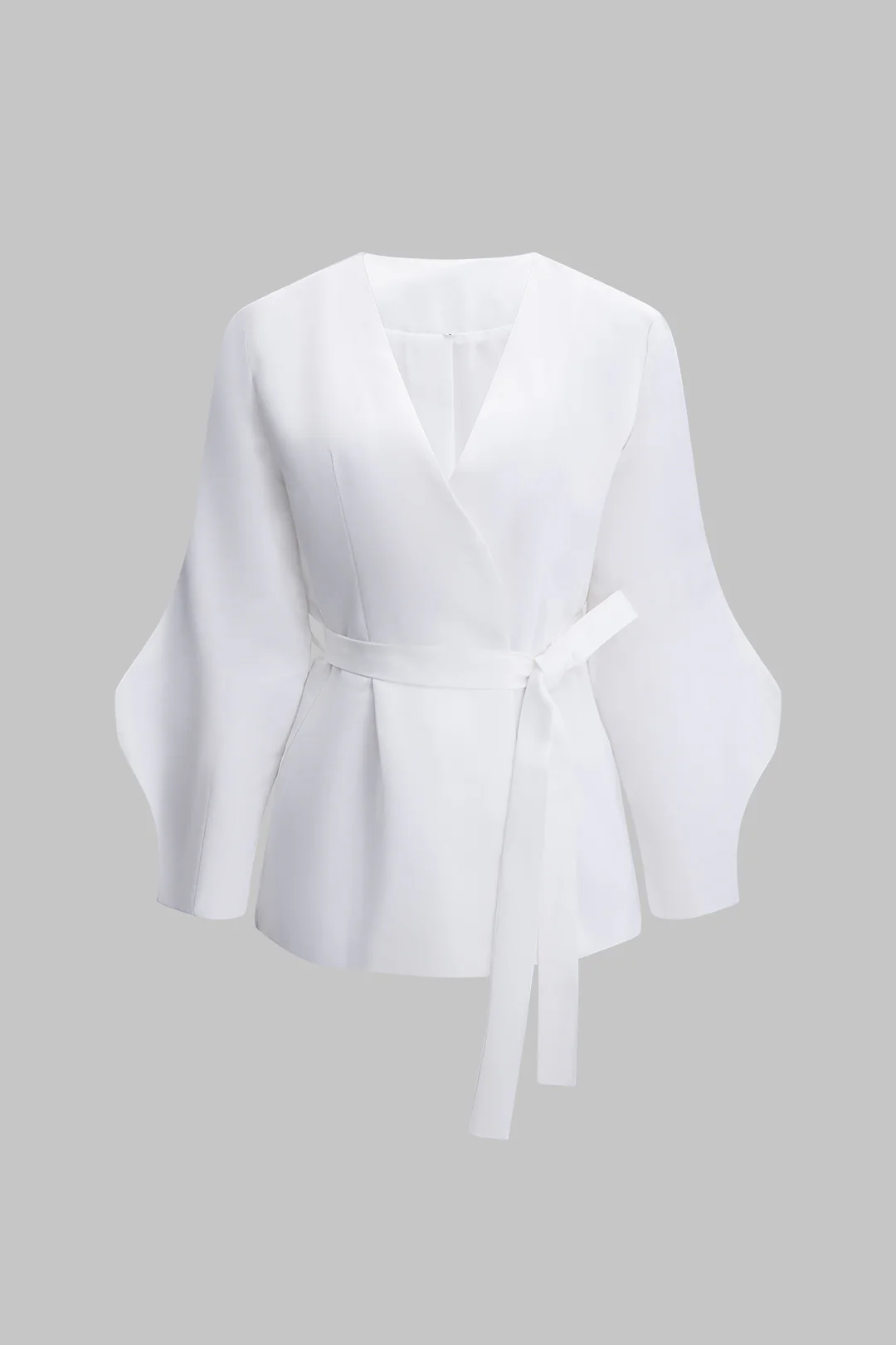 Solid V-Neck Tie Up Long-Sleeve Shirt - Weenar