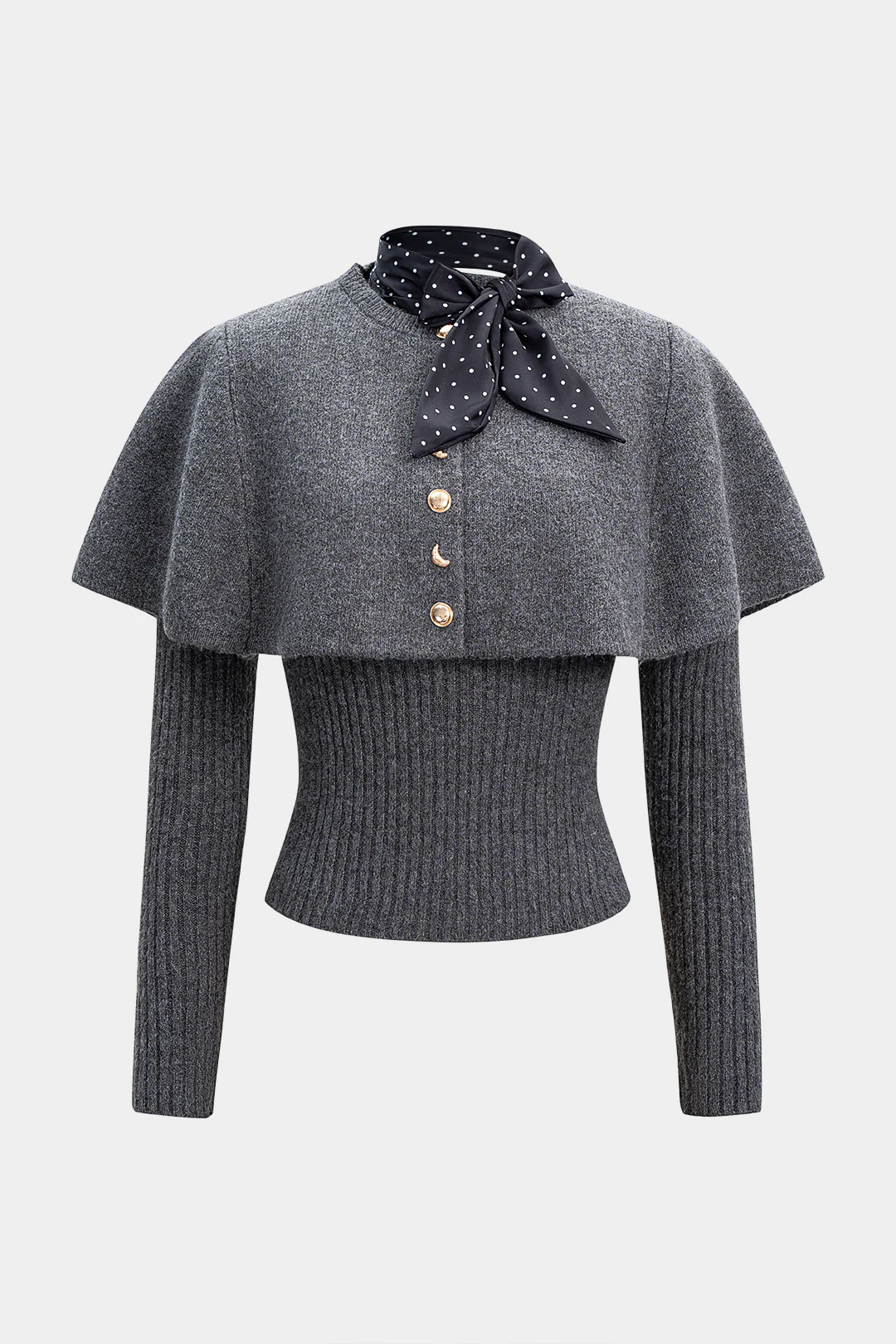 Knit Metallic Irregular Button Long-Sleeve Top With Scarf - Weenar