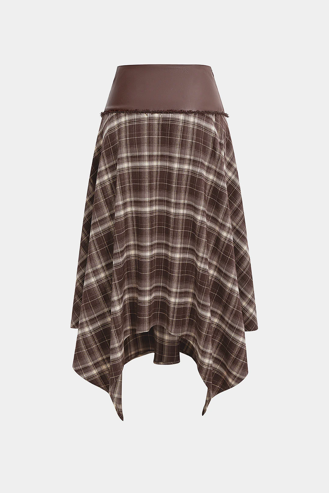 Plaid Print Faux Leather Patchwork Ruched Skirt - Weenar