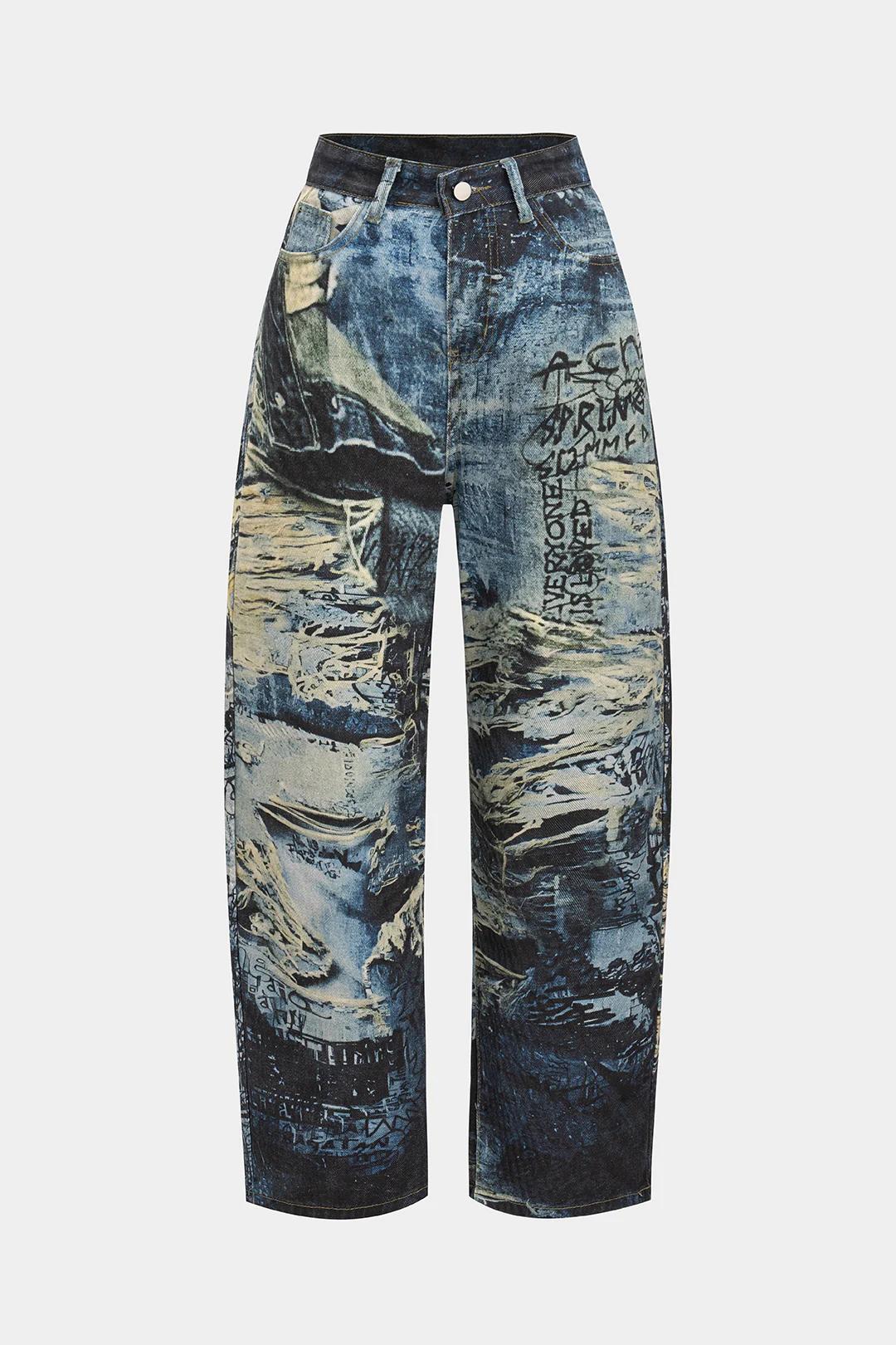 Denim Watercolor Letter Print Ripped Pants - Weenar