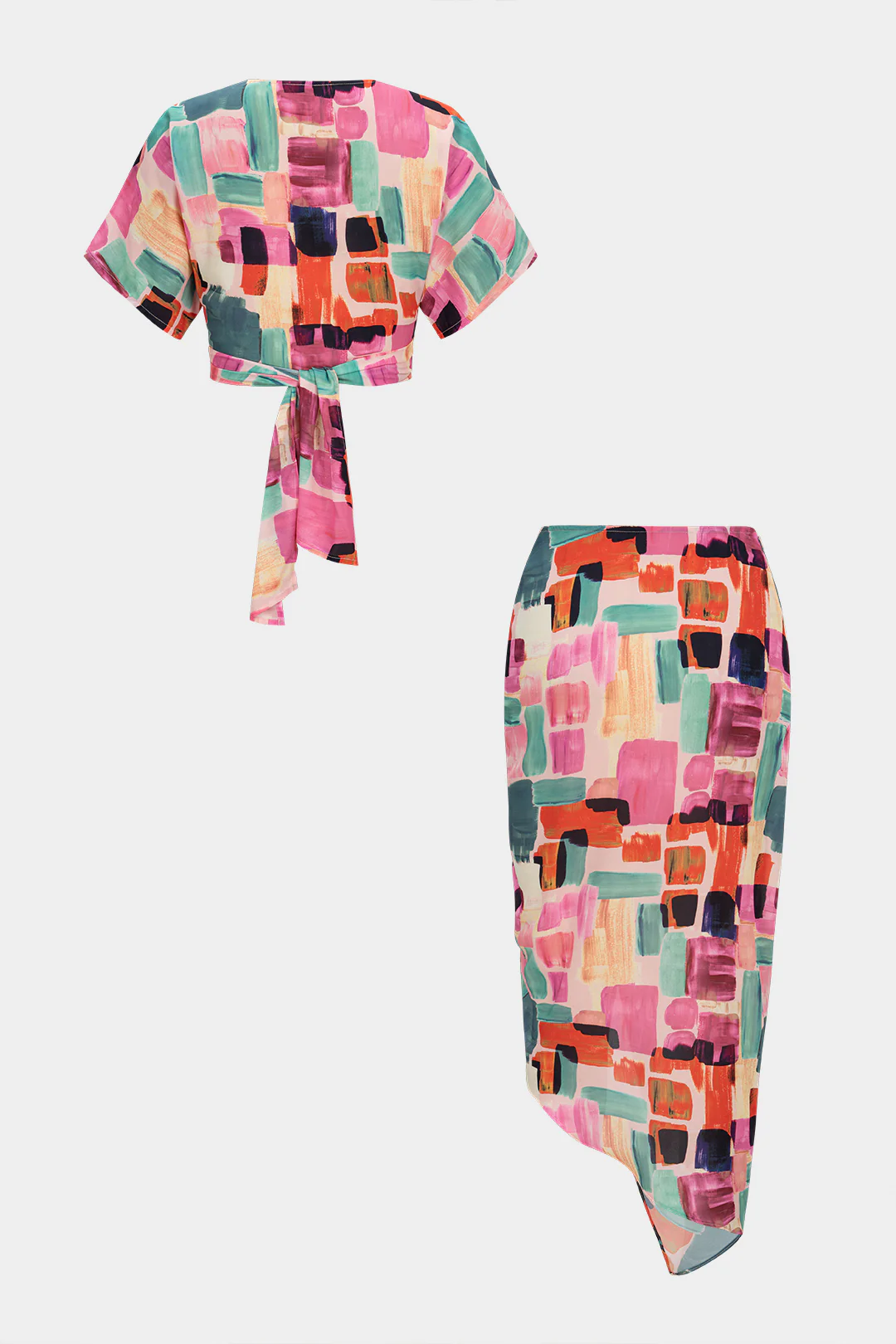 Abstract Print V-Neck Tie-Up Short Sleeves Top And Asymmetrical Drawstring Ruched Skirt Set - Weenar