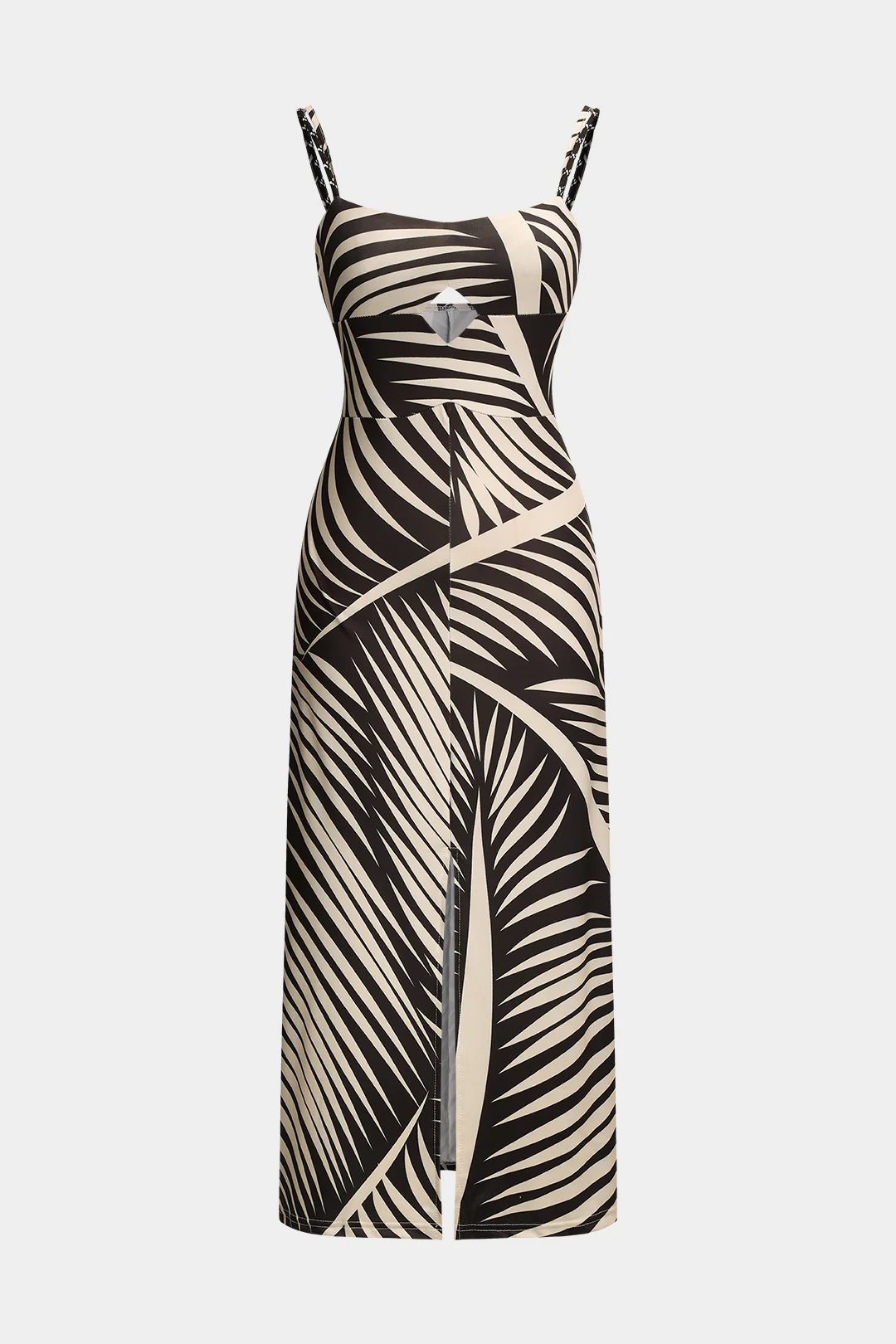 Stripes Palm Leaf Print Slit Hollow Out Sleeveless Midi Dress - Weenar