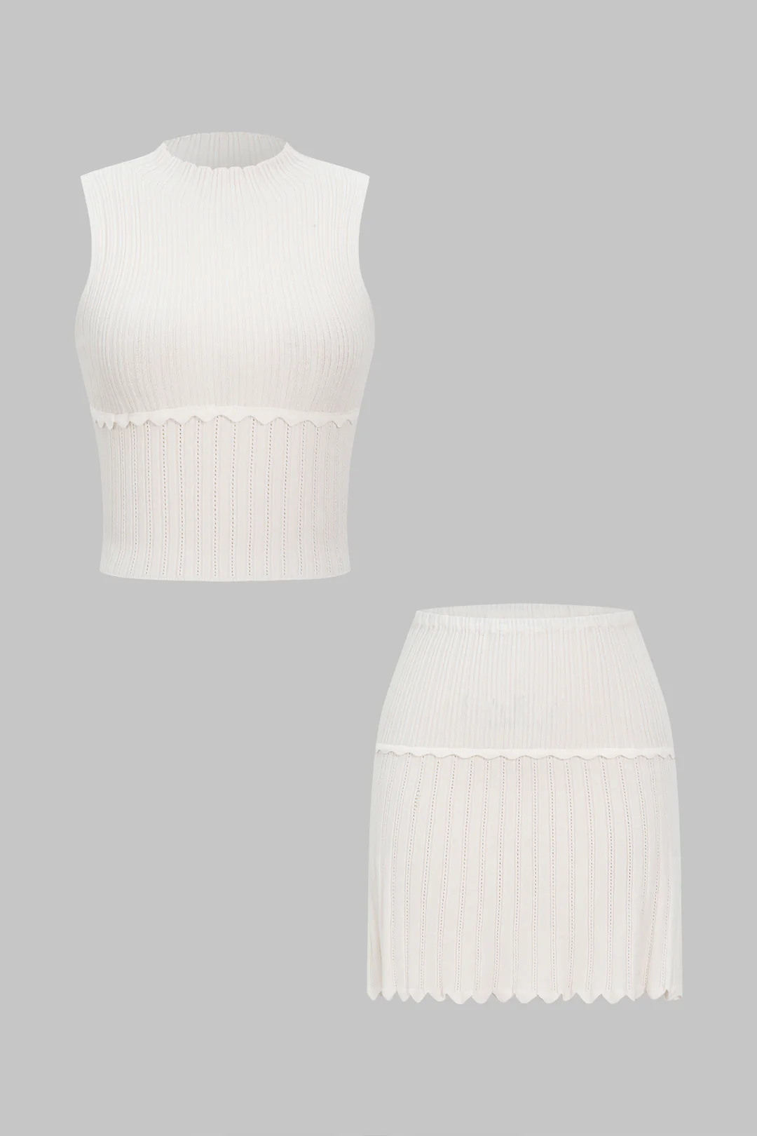 Knit Solid Round Neck Tank Top And Mini Skirt Set - Weenar