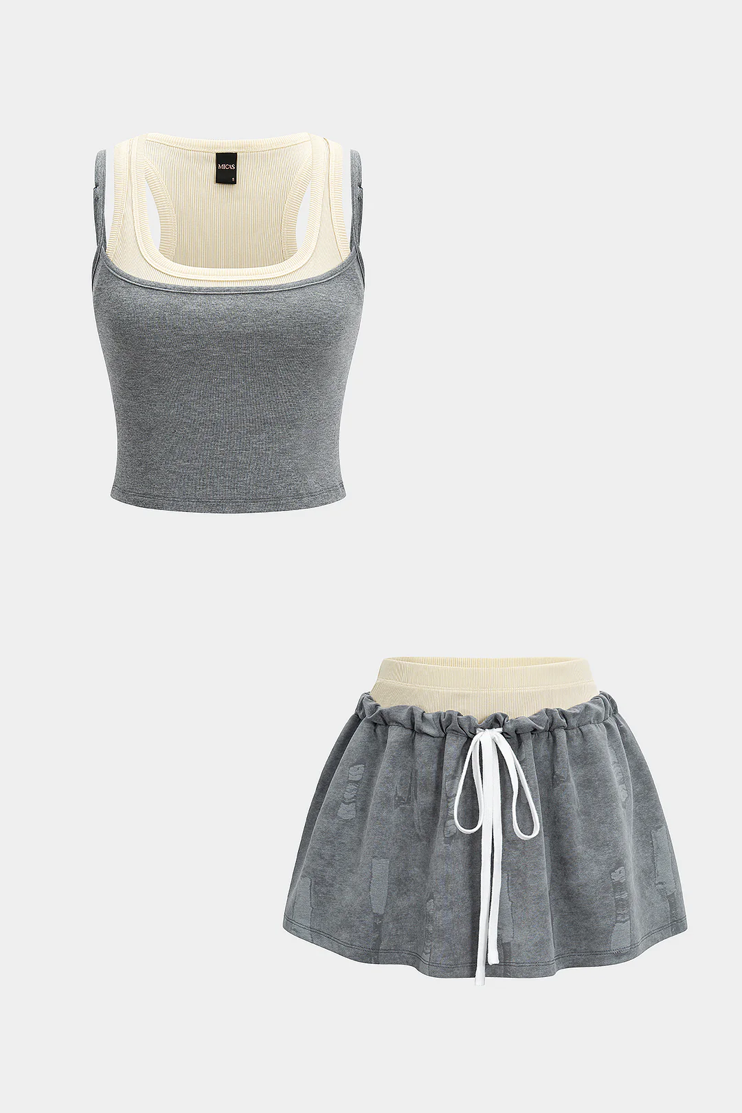 Patchwork Tank Top And Double Waistband Drawstring Skirt Set - Weenar