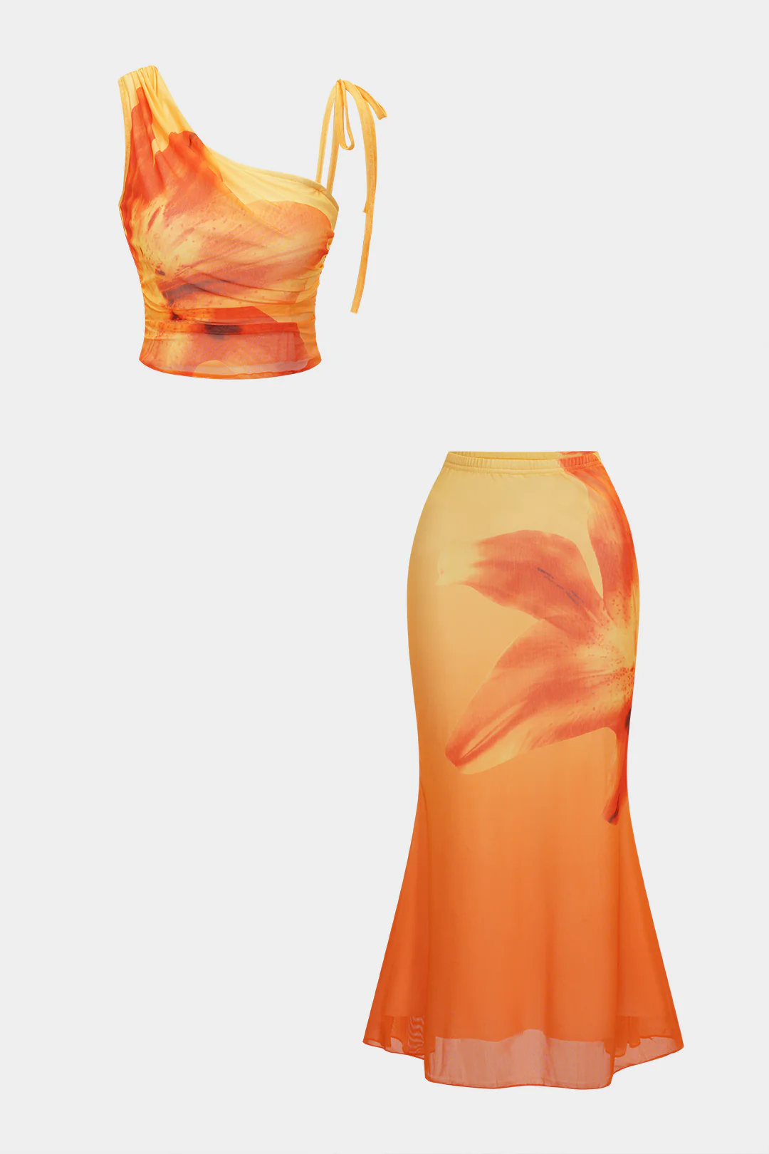 Floral Print Mesh Tie-Up Asymmetrical Cami Top And Ruched Skirt Set - Weenar