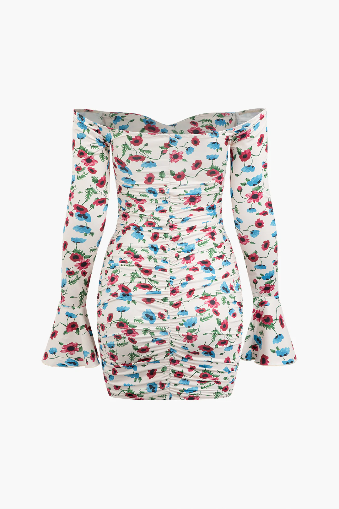 Ditsy Floral Print 3D Flower Decor Ruched Long Sleeve Mini Dress - Weenar