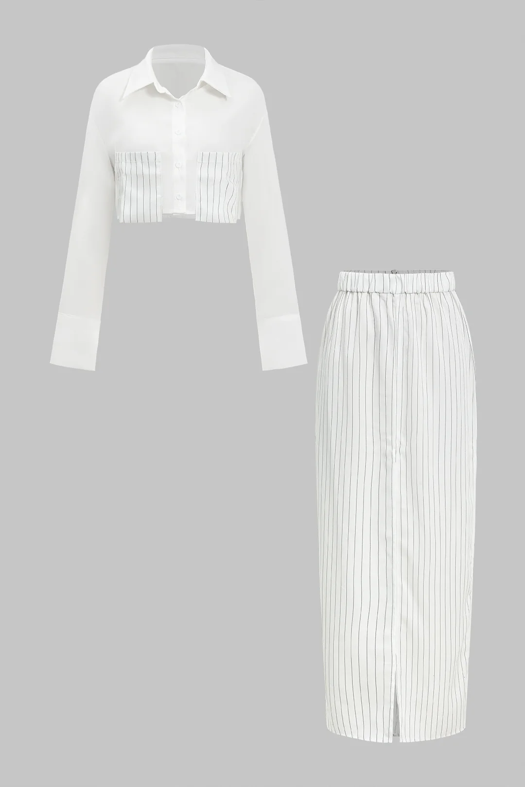 Solid Patchwork Pocket Shirt And Split Skirt Set - Weenar