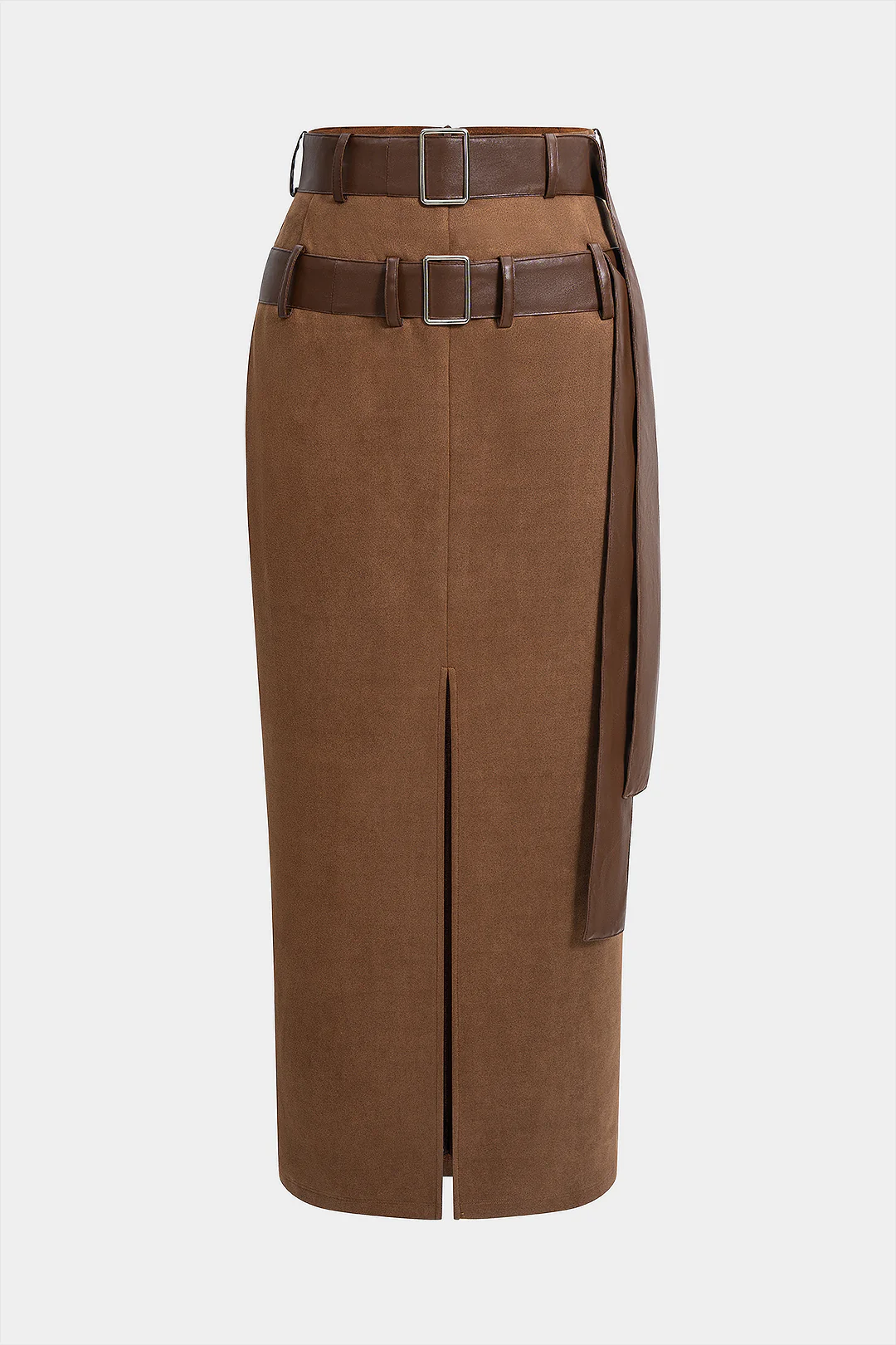 Suede High Waist Slit Belted Skirt - Weenar