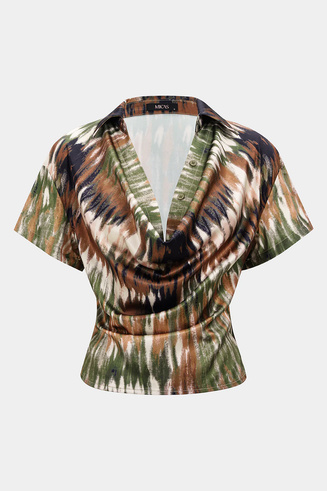Ombre Print Satin Draped Cowl Neck Short Sleeve Top - Weenar