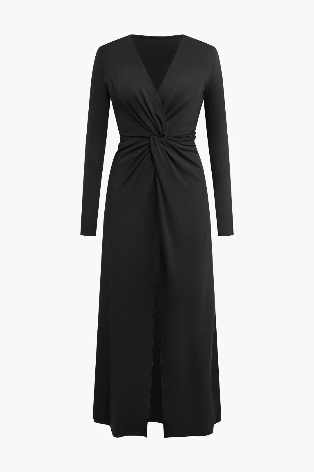 V-Neck Twist Knot Long Sleeve Maxi Dress - Weenar