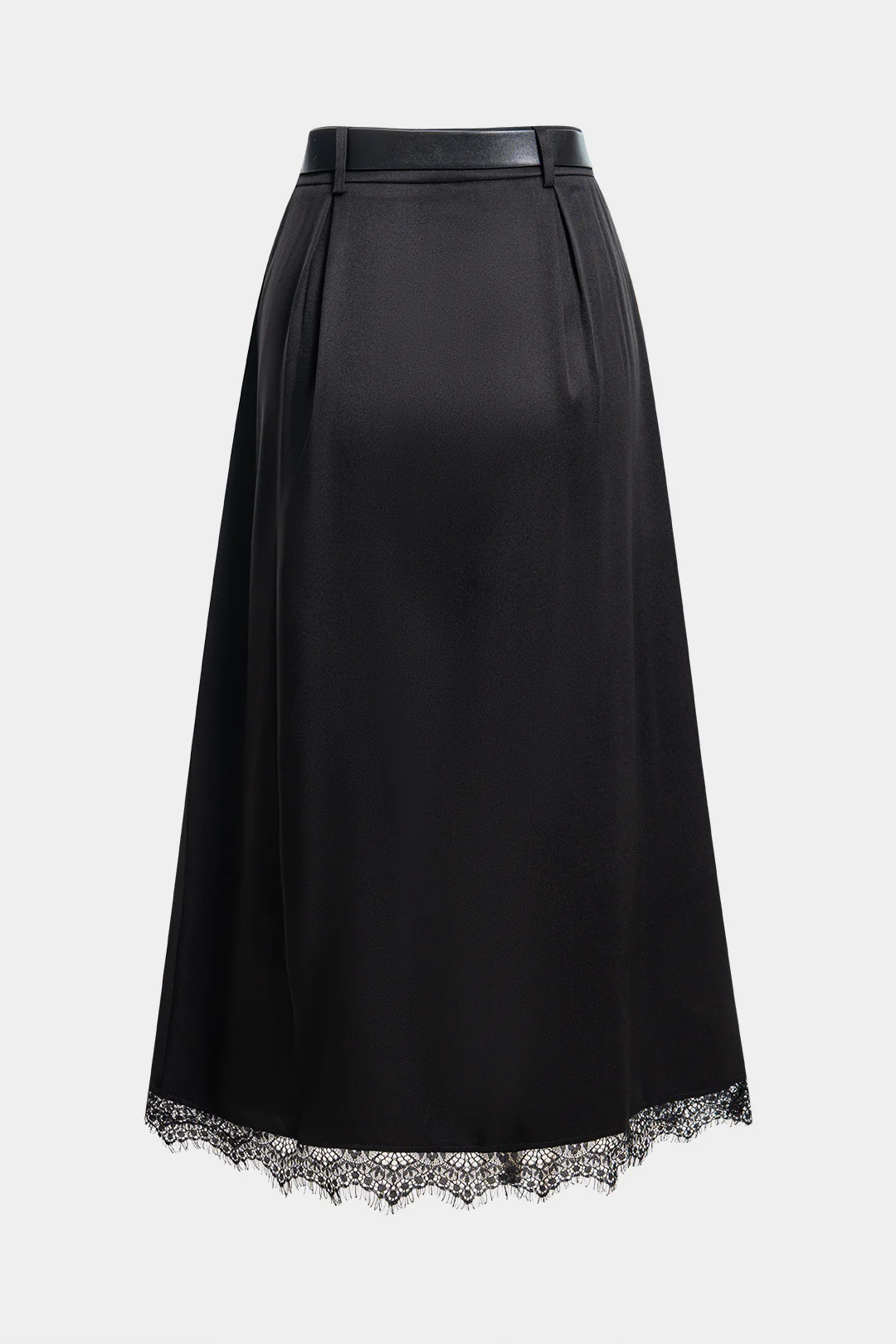 Satin Patchwork Lace Trim Belted High Waist Skirt - Weenar