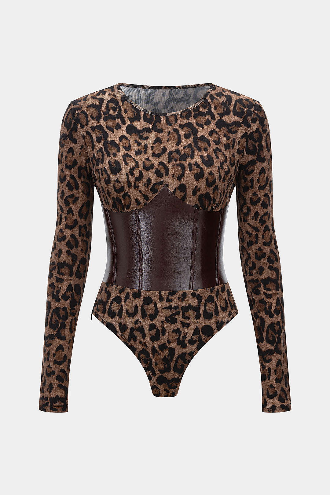 Leopard Print Faux Leather Patchwork Long-Sleeve Bodysuit - Weenar