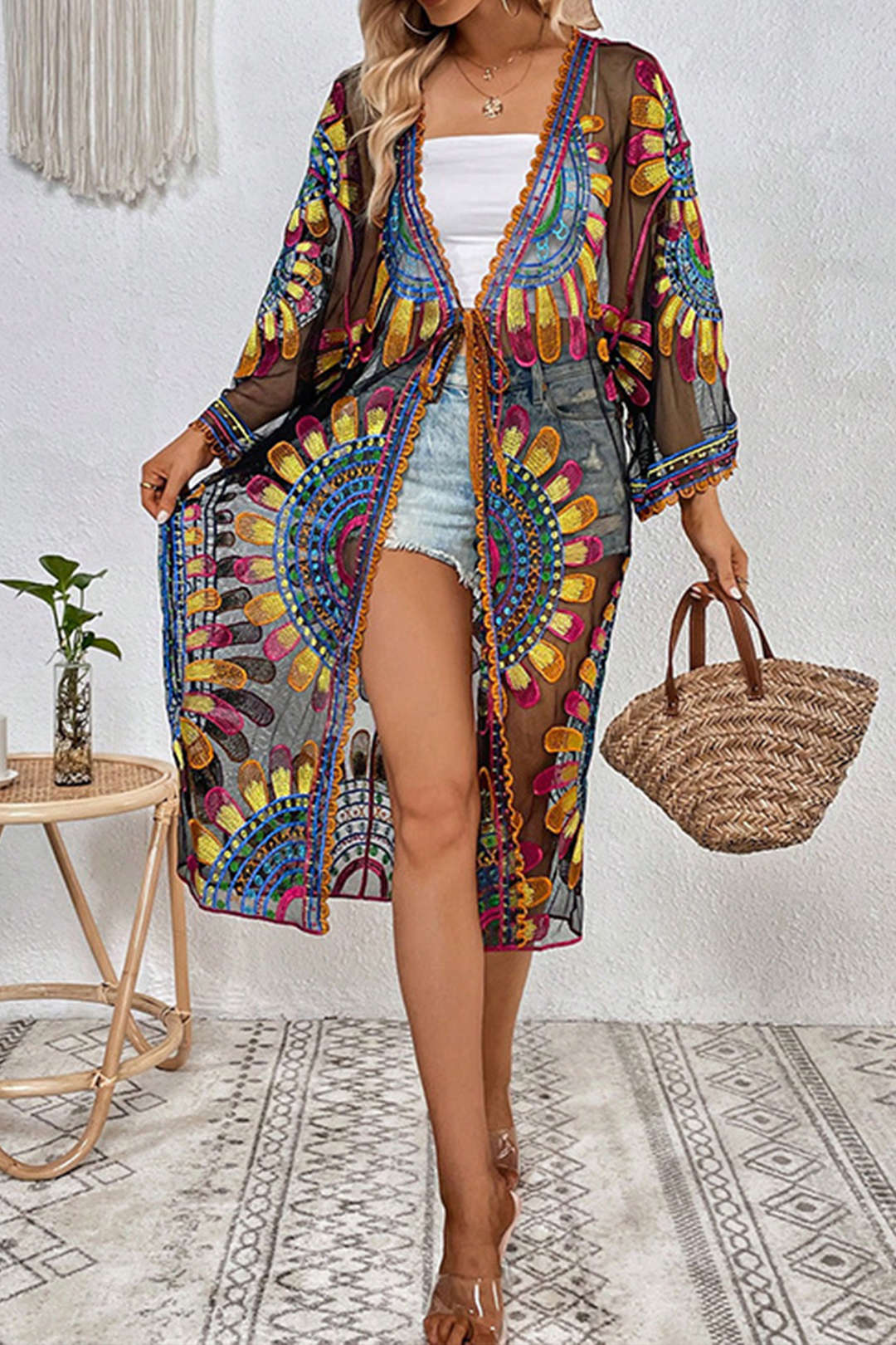 Embroidery Floral Print Tie Up Cover Up - Weenar