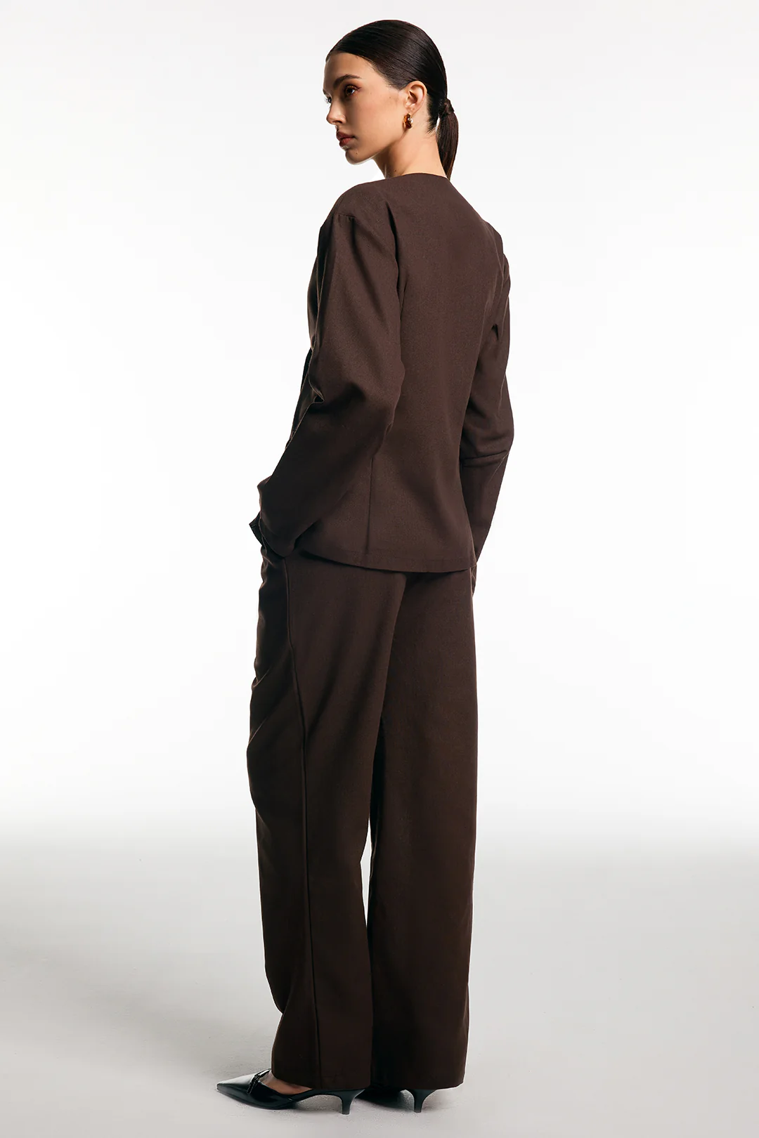 Solid One Button Blazer And Wide Leg Trousers Set - Weenar