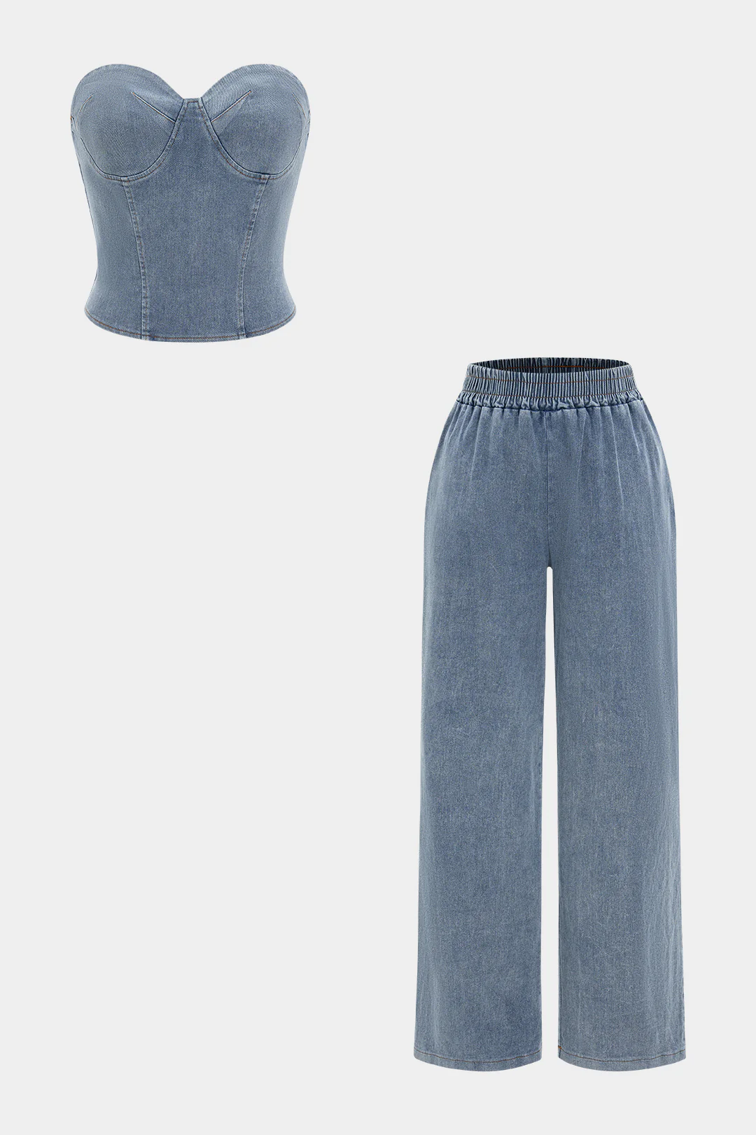 Denim Zipper Tube Top And Jeans Set - Weenar
