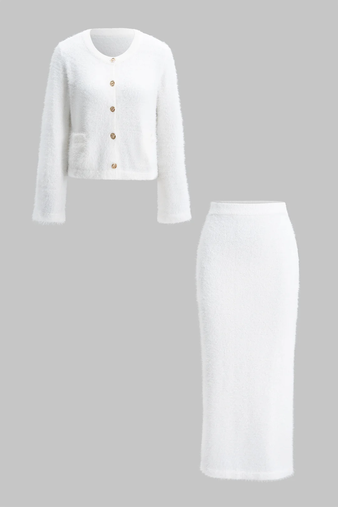 Knit Metallic Button Long-Sleeve Top And Skirt Set - Weenar