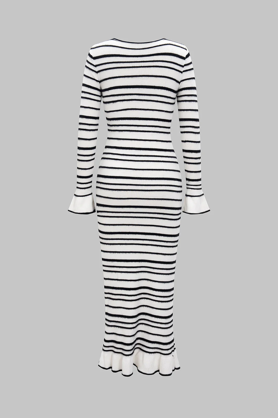 Knit Contrast Strappy Bell Long Sleeve Dress - Weenar