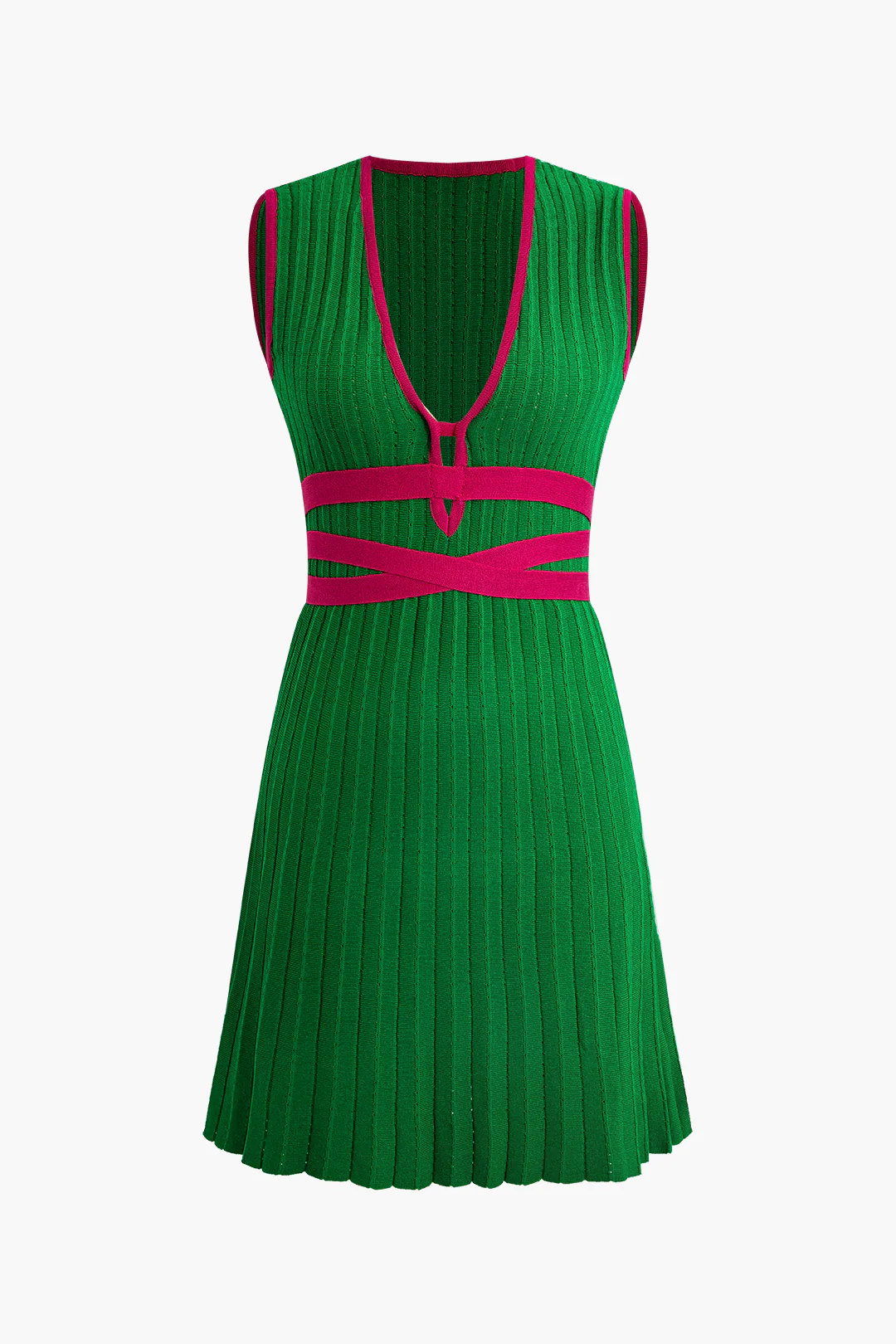 Knit Contrast Deep V-Neck Pleated Sleeveless Dress - Weenar