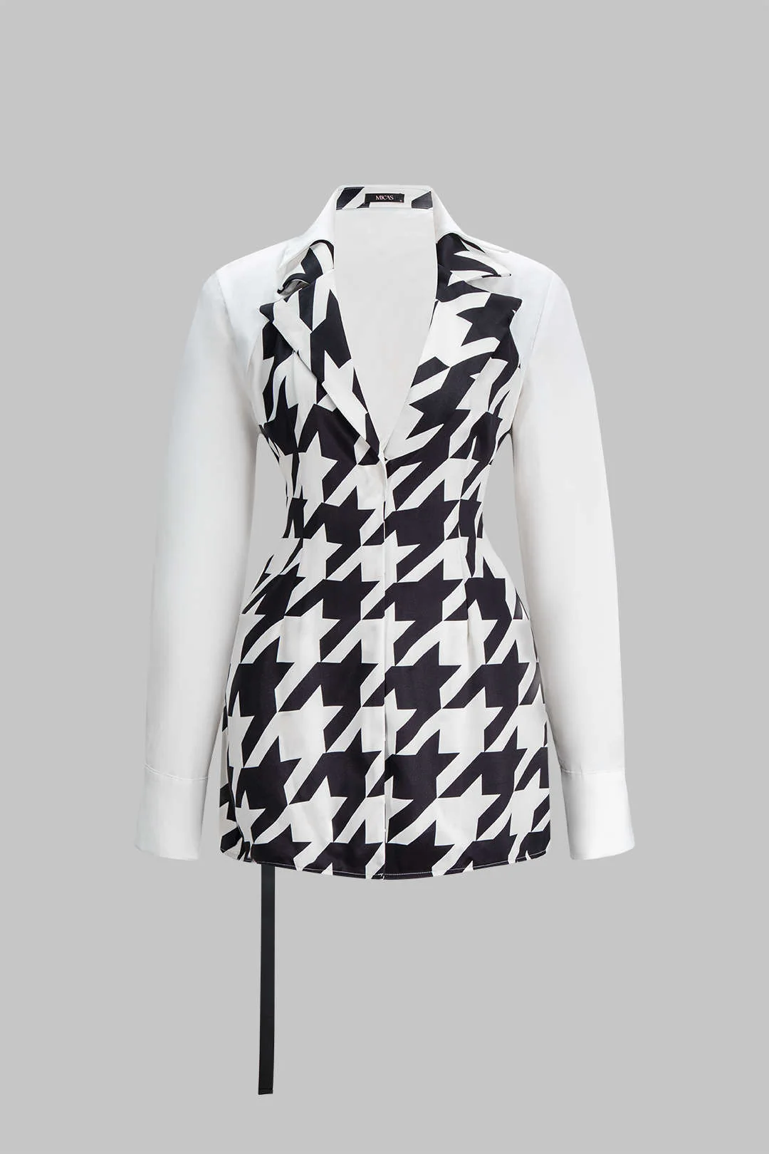 Houndstooth Print Contrast V-Neck Long Sleeve Mini Dress - Weenar