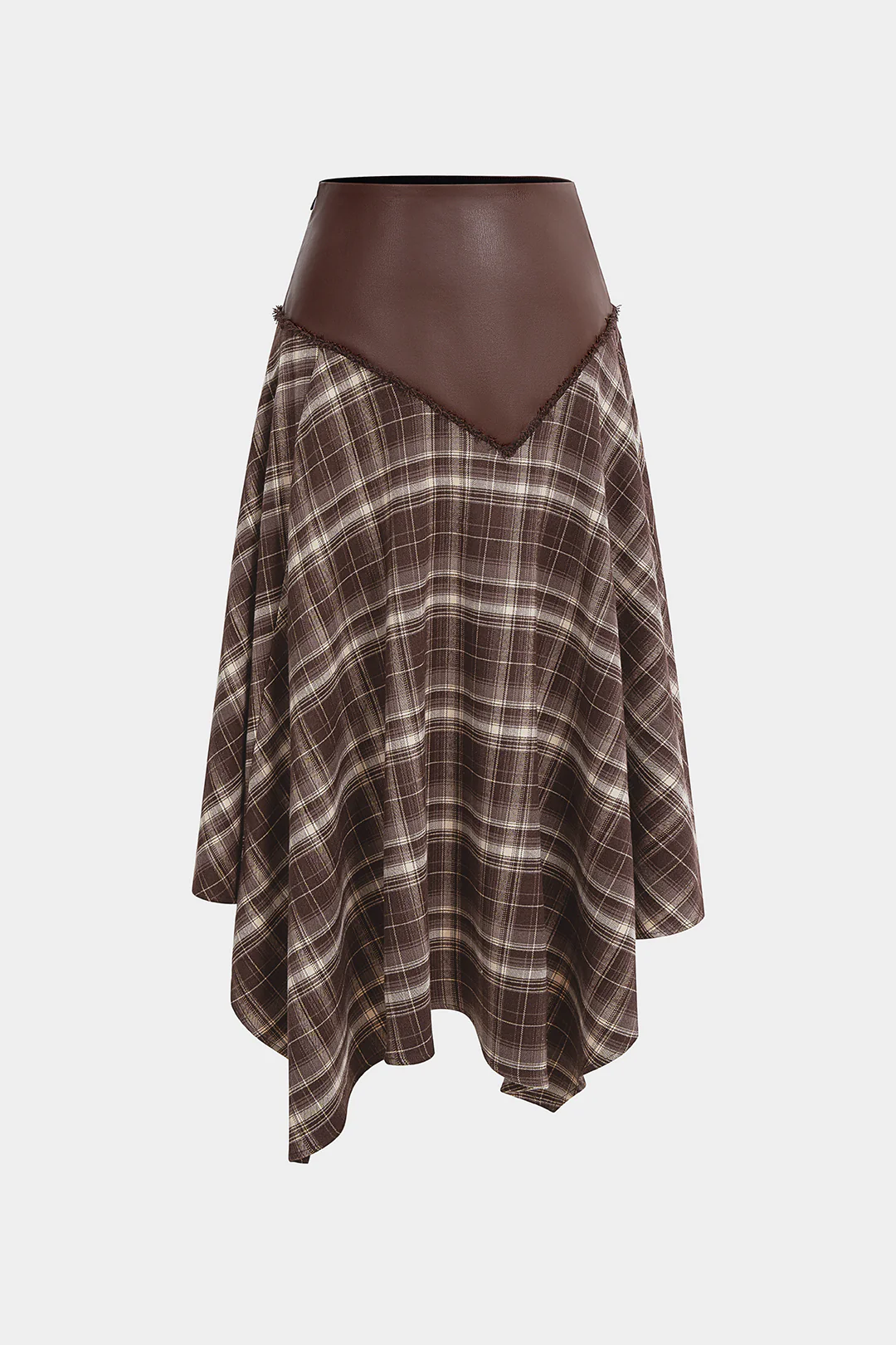 Plaid Print Faux Leather Patchwork Ruched Skirt - Weenar