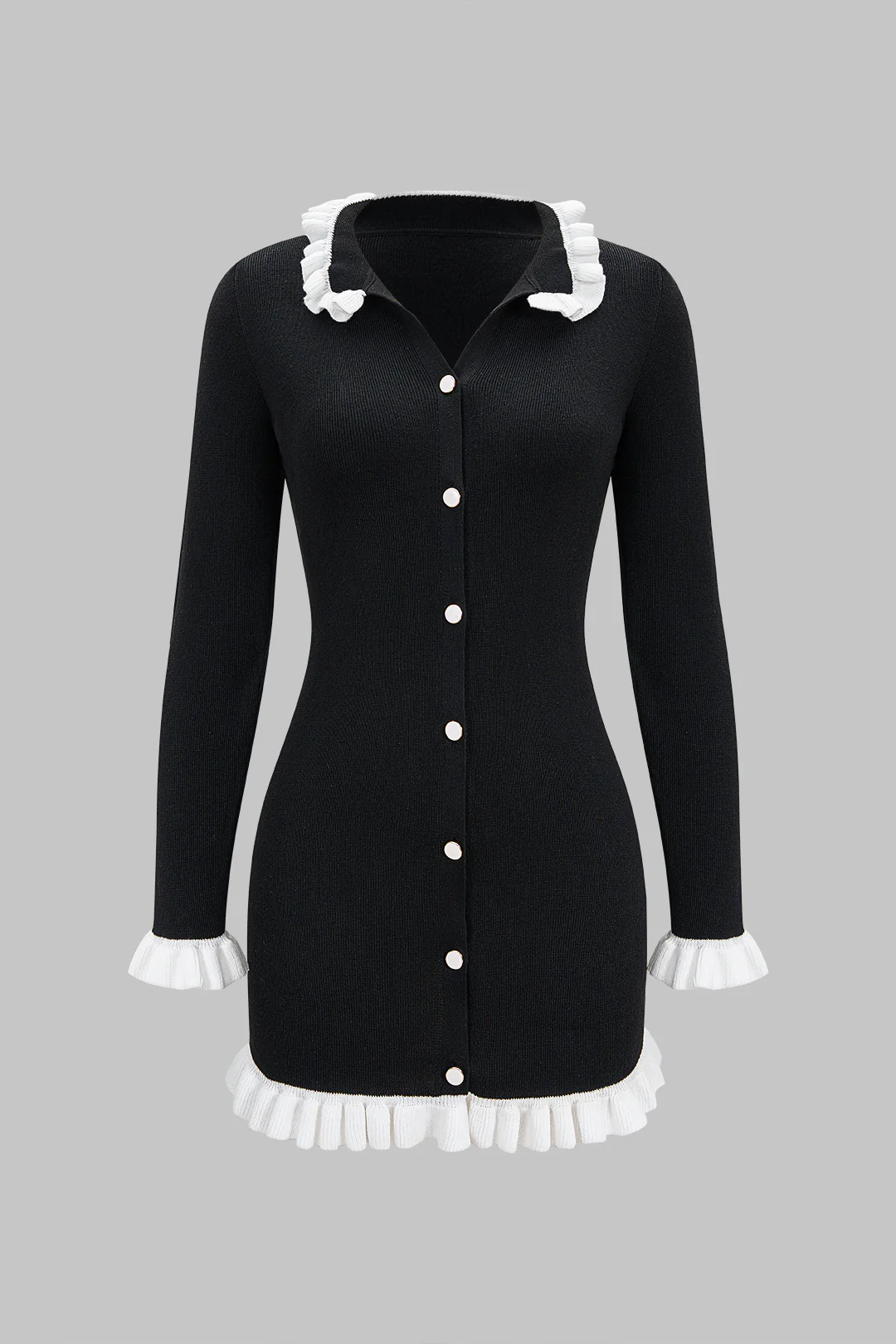 Knit Contrast Ruffels Button Long Sleeve Dress - Weenar