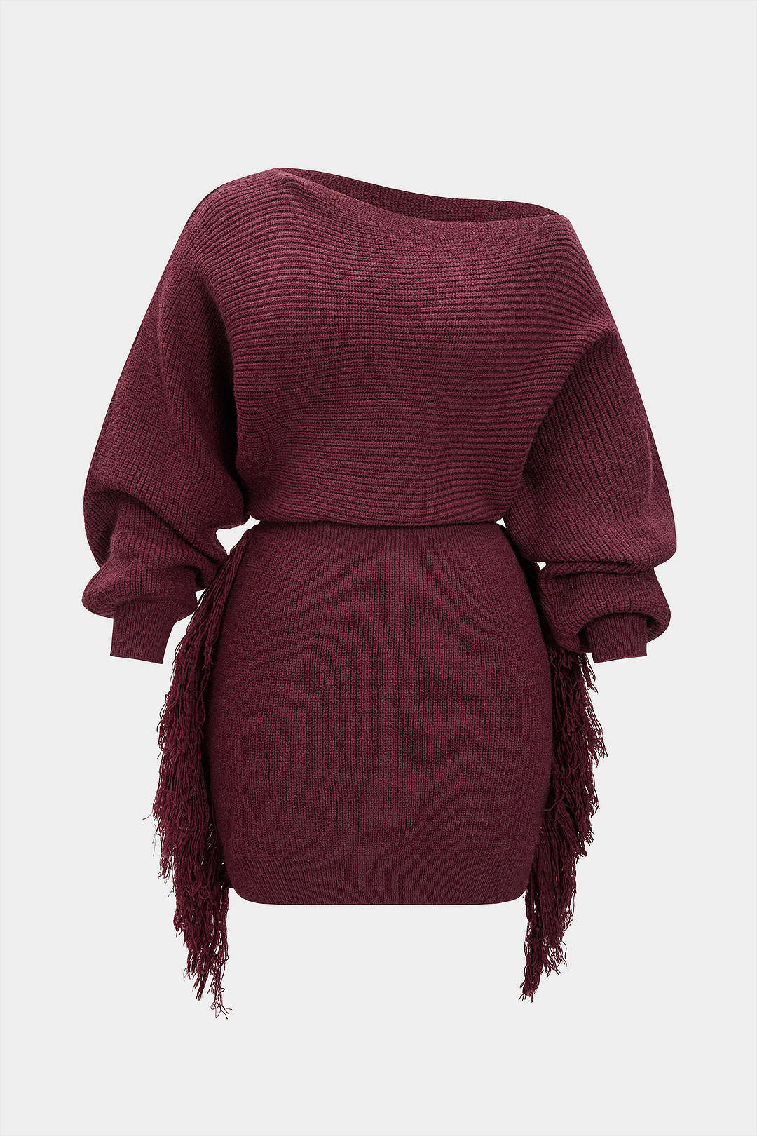 Plus Size Knit Fringe One Shoulder Long Sleeve Dress - Weenar