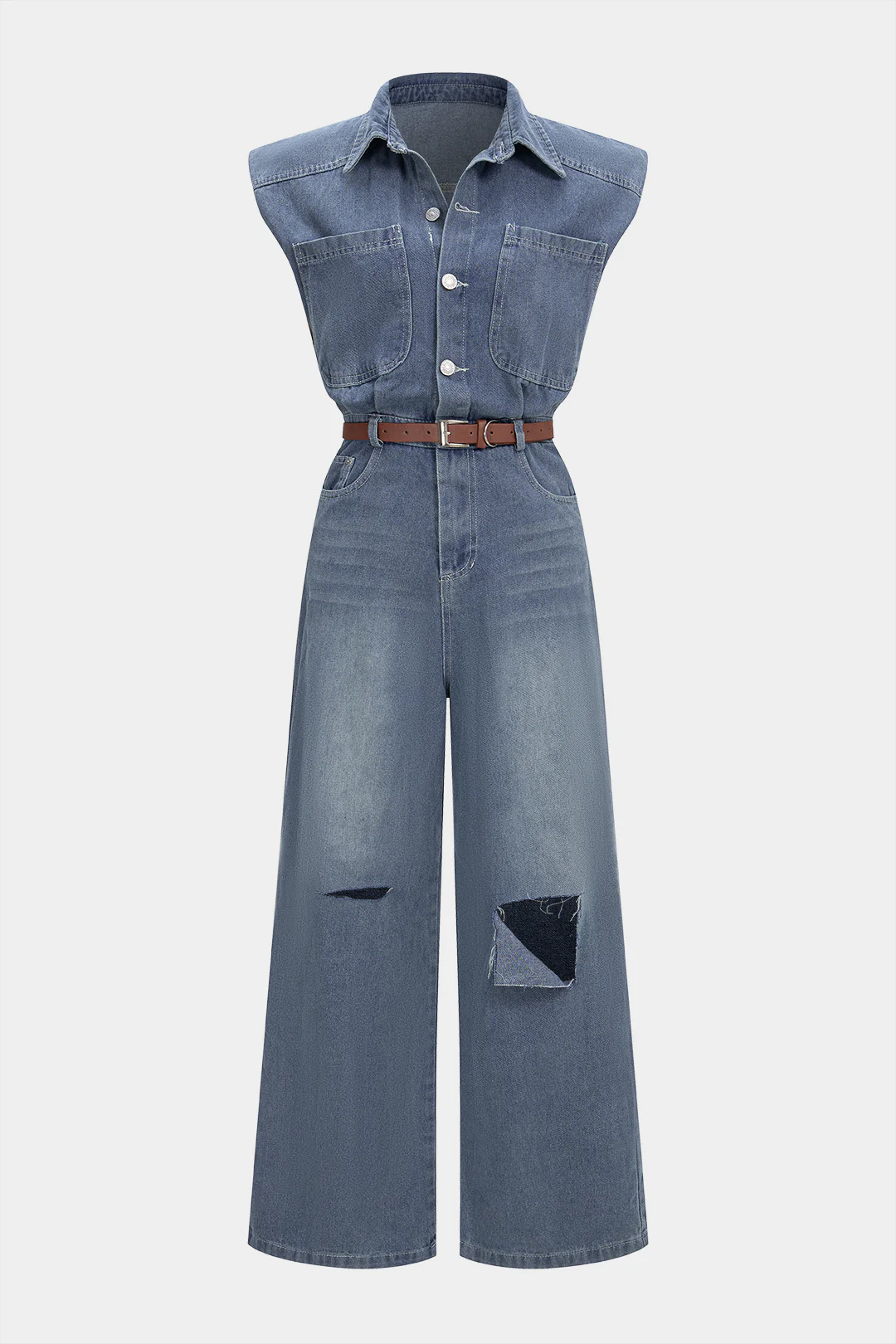 Denim Button Belted Ripped Sleeveless Jumpsuit - Weenar