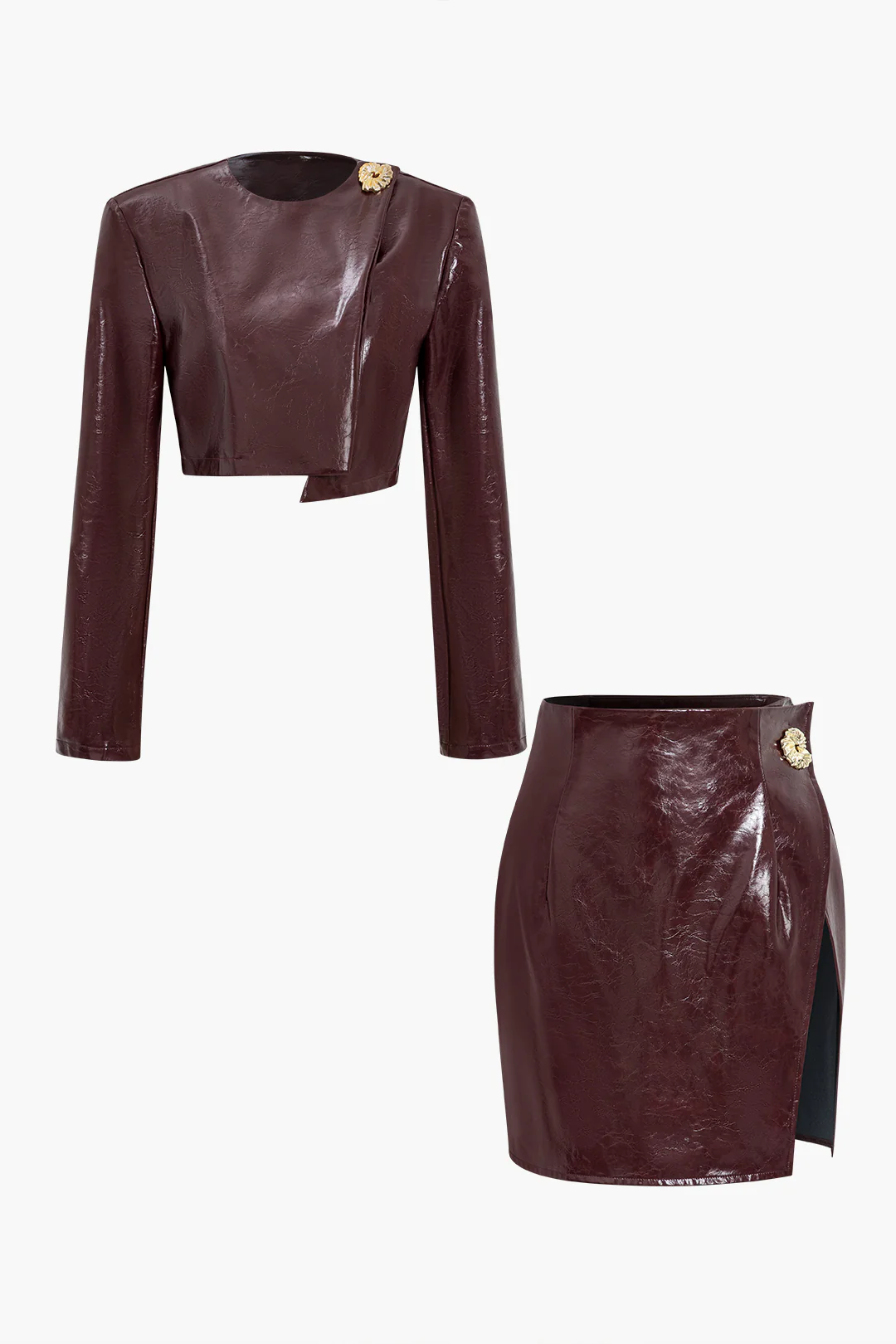 Asymmetrical Faux Leather Skirt Set - Weenar