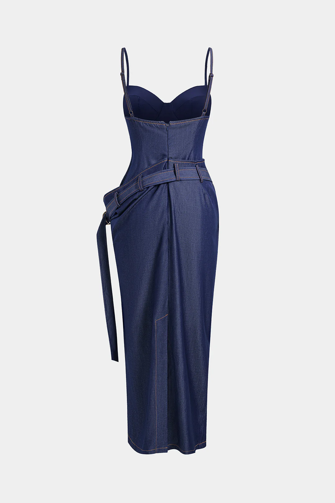 Denim Asymmetrical Ruched Bustier Belted Zipper Maxi Dress - Weenar