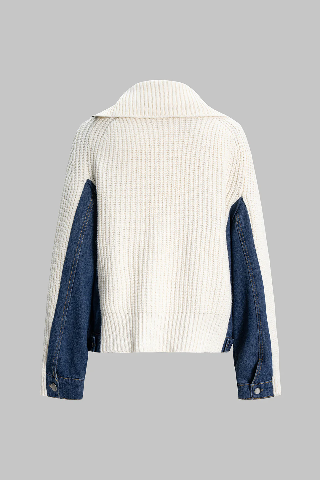 Knit Denim Patchwork Asymmetrical Zipper Long-Sleeve Top - Weenar