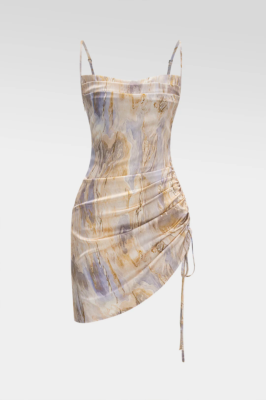 Marble Print Satin Ruched Drawstring Asymmetrical Sleeveless Mini Dress - Weenar