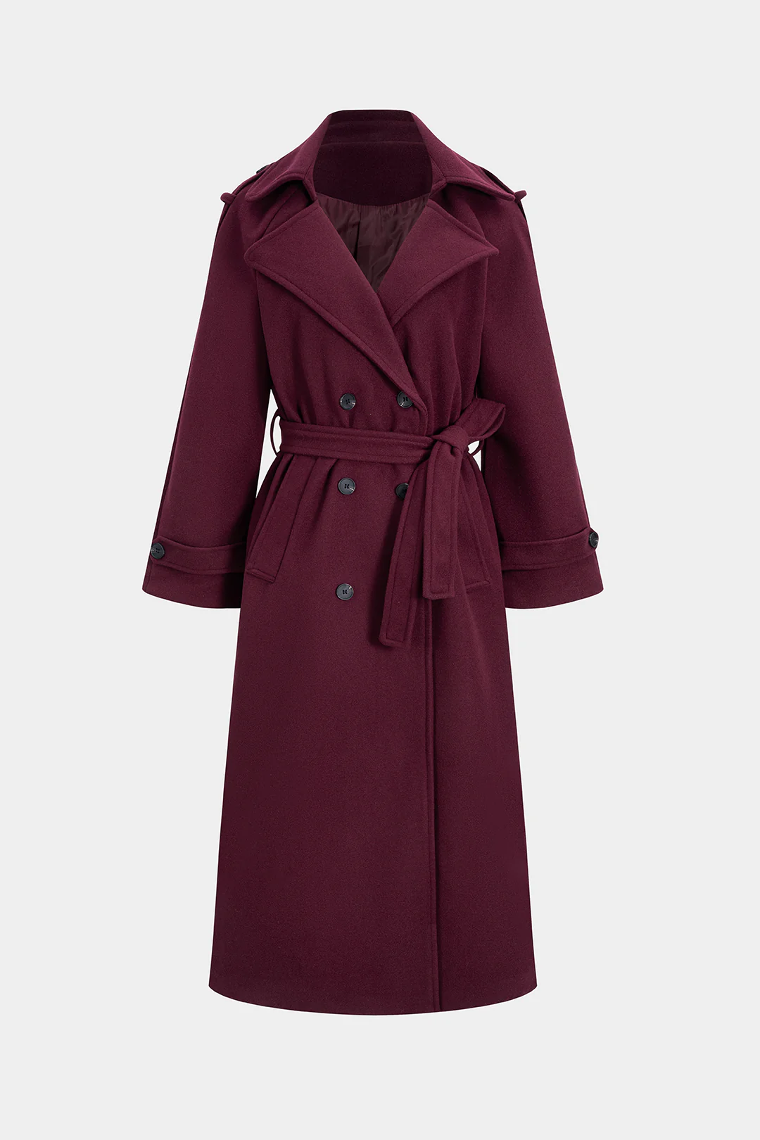 Woolen Double Breasted V-Neck Notched Lapel Belted Coat - Weenar