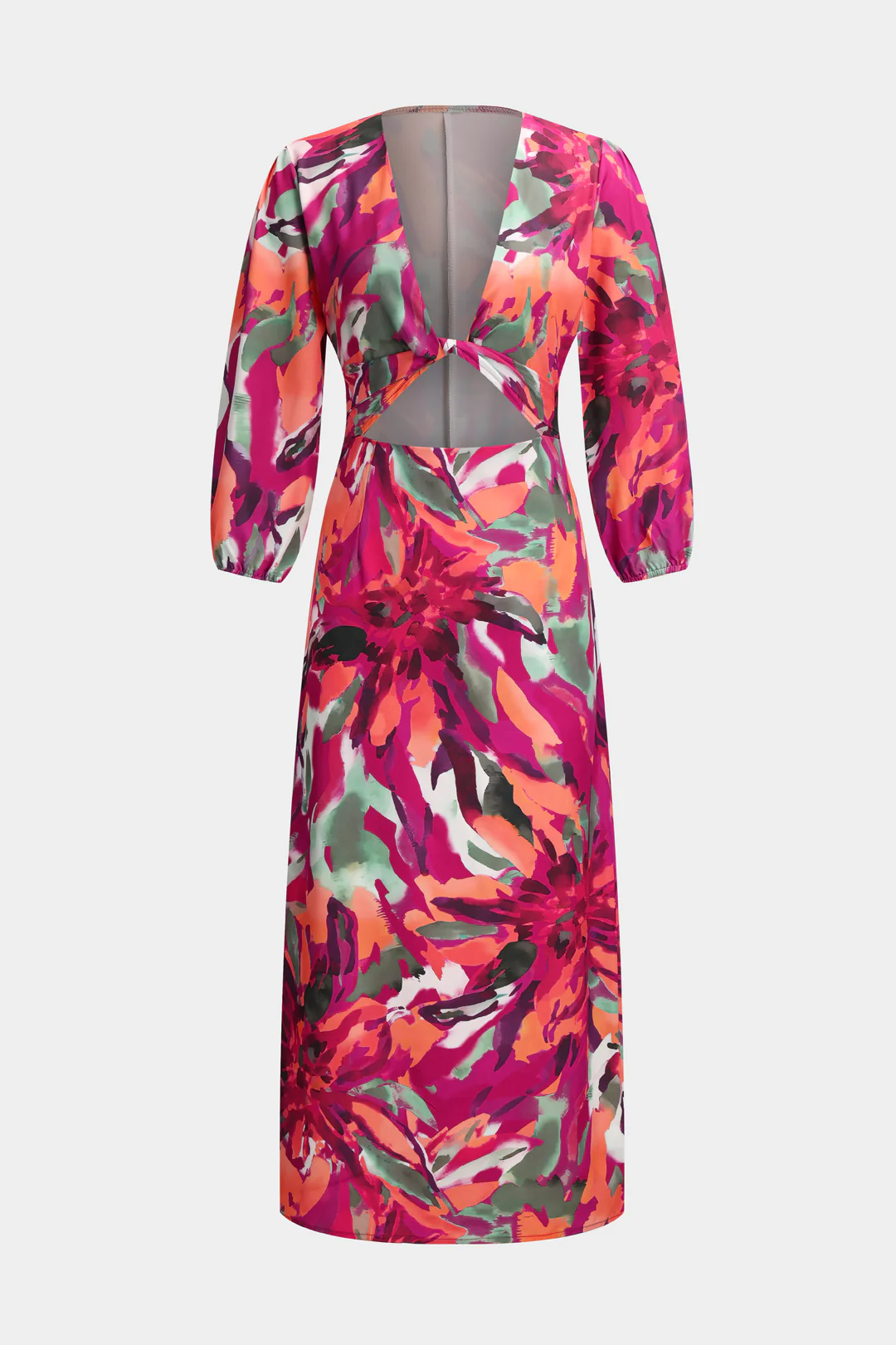 Watercolor Print Twist Knot Cut Out Tie-Back Long Sleeve Midi Dress - Weenar