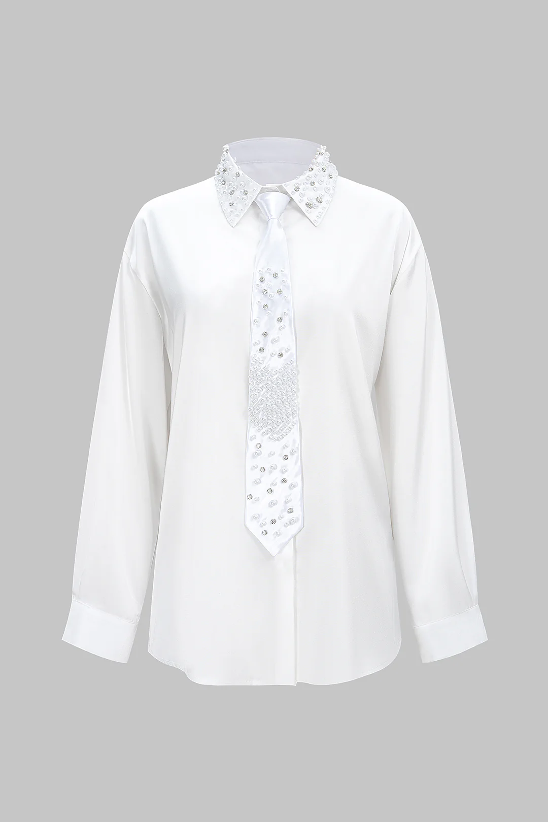 Satin Button Rhinestone Lapel Long-Sleeve Shirt With Tie - Weenar