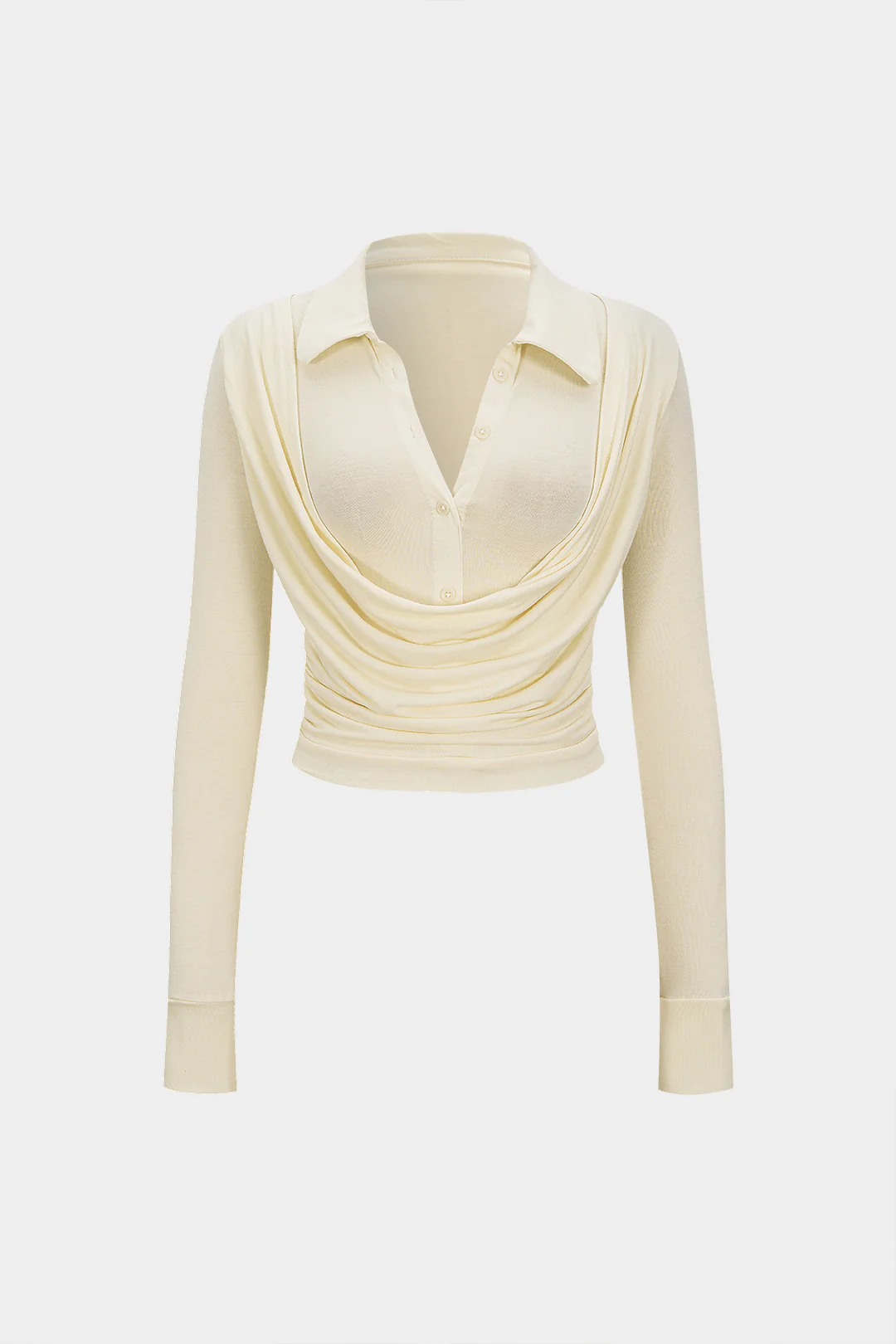 Polo Collar Ruched Long-Sleeve Top - Weenar