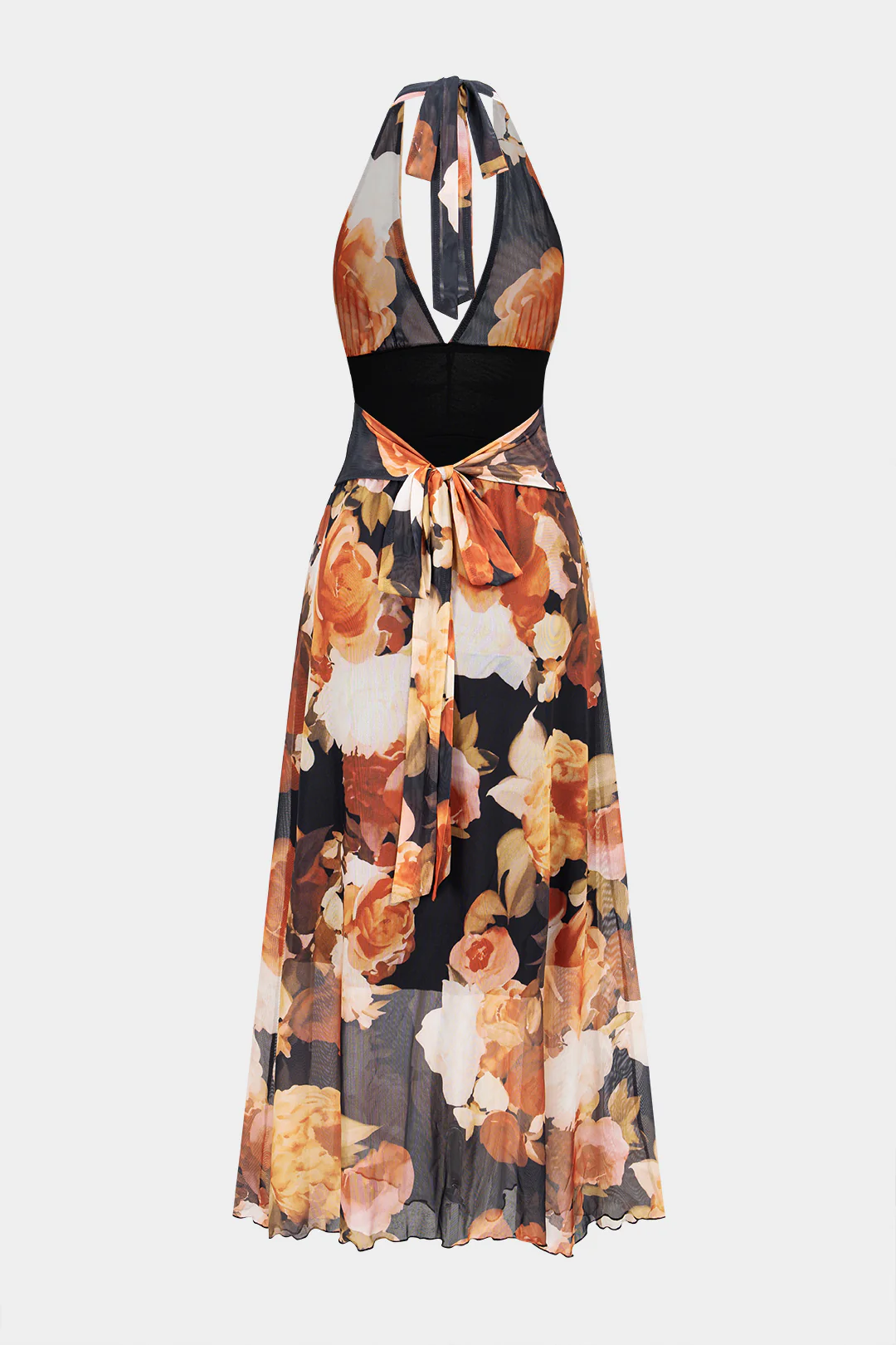 Floral Print Mesh Halter V-Neck Tie Back Backless Sleeveless Maxi Dress - Weenar